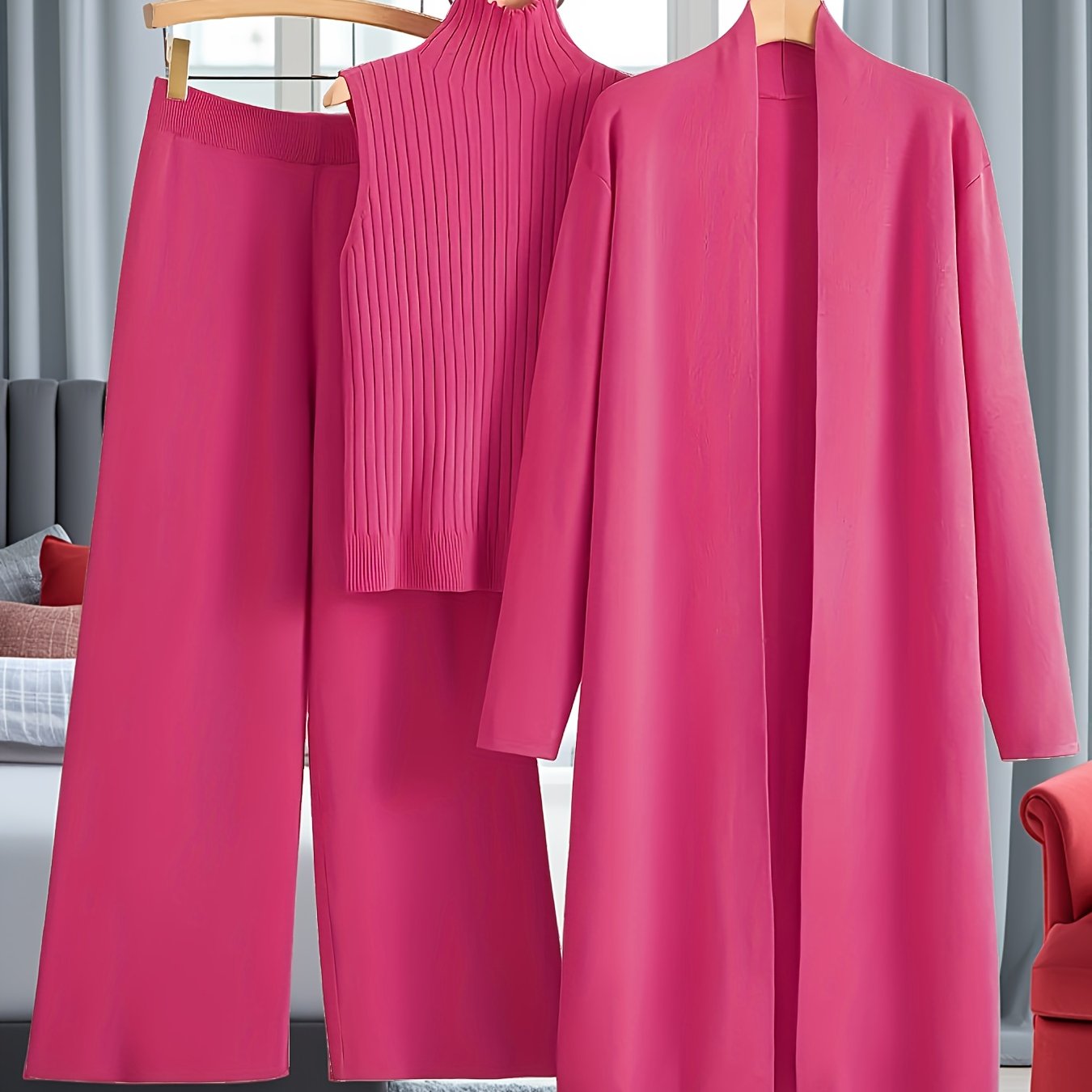 TEMU New Autumn And Winter Women's Loose Set, Including Long Wide-leg Pants, A Shawl Cardigan, And A High-neck Vest Sweater, A Fashionable Three-piece Set