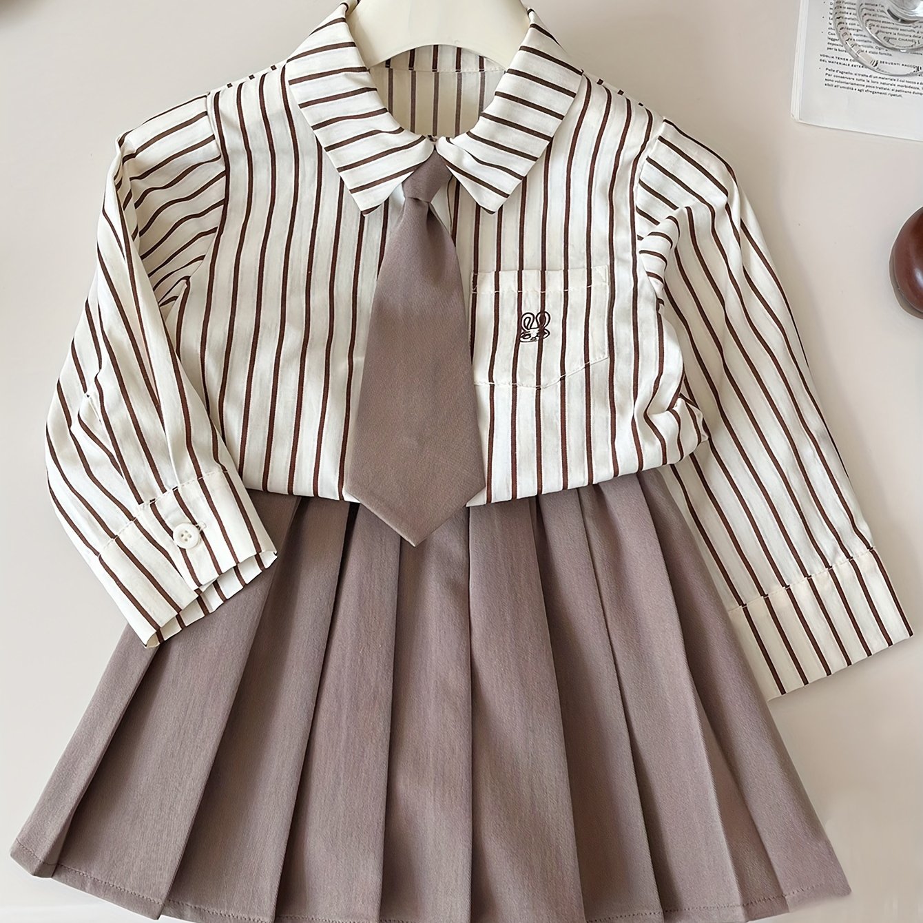 Image of New Autumn Girls' College Style Outfit Featuring A Trendy Striped Shirt And Pleated Skirt Set For Toddlers, Model Yf67309, For Outdoor