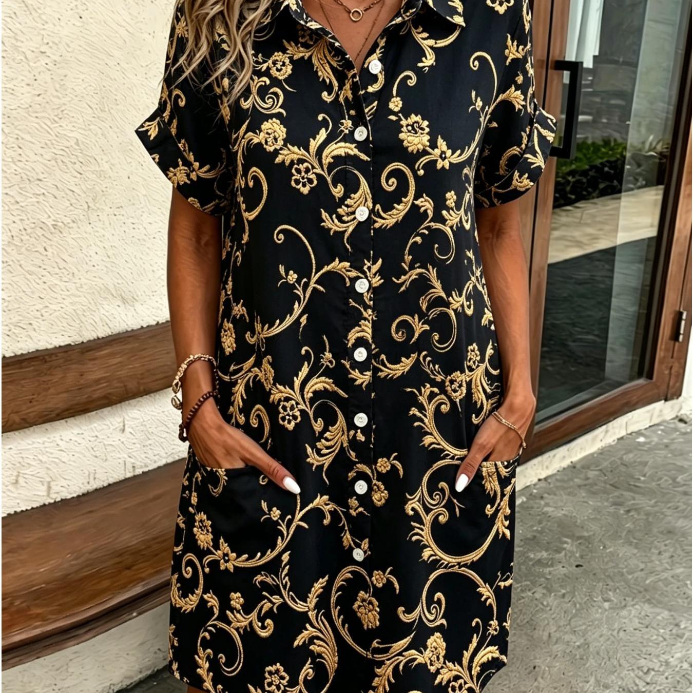 Image of Women's Summer Shirt Dress Golden Scroll Patterns Floral Print Elegant And Sophisticated Suitable For Button- 2 Pockets Machine Washable Perfect For Vacations Casual Wear Casual Attire Or As A Gift