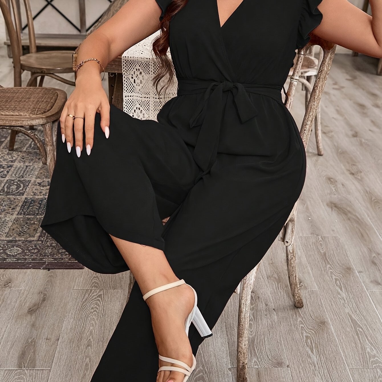 TEMU Ruffle And Belt Solid Color V-neck Bodysuit