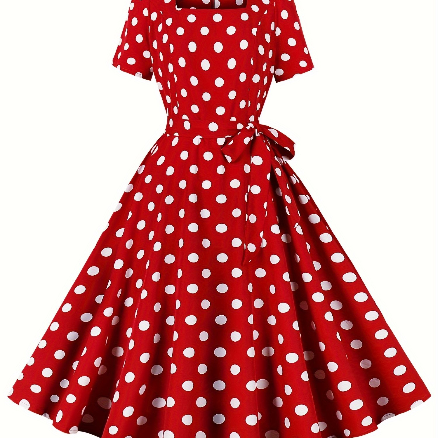 Retro Polka Dot Print Short-sleeved Square Neck Casual Party Dress