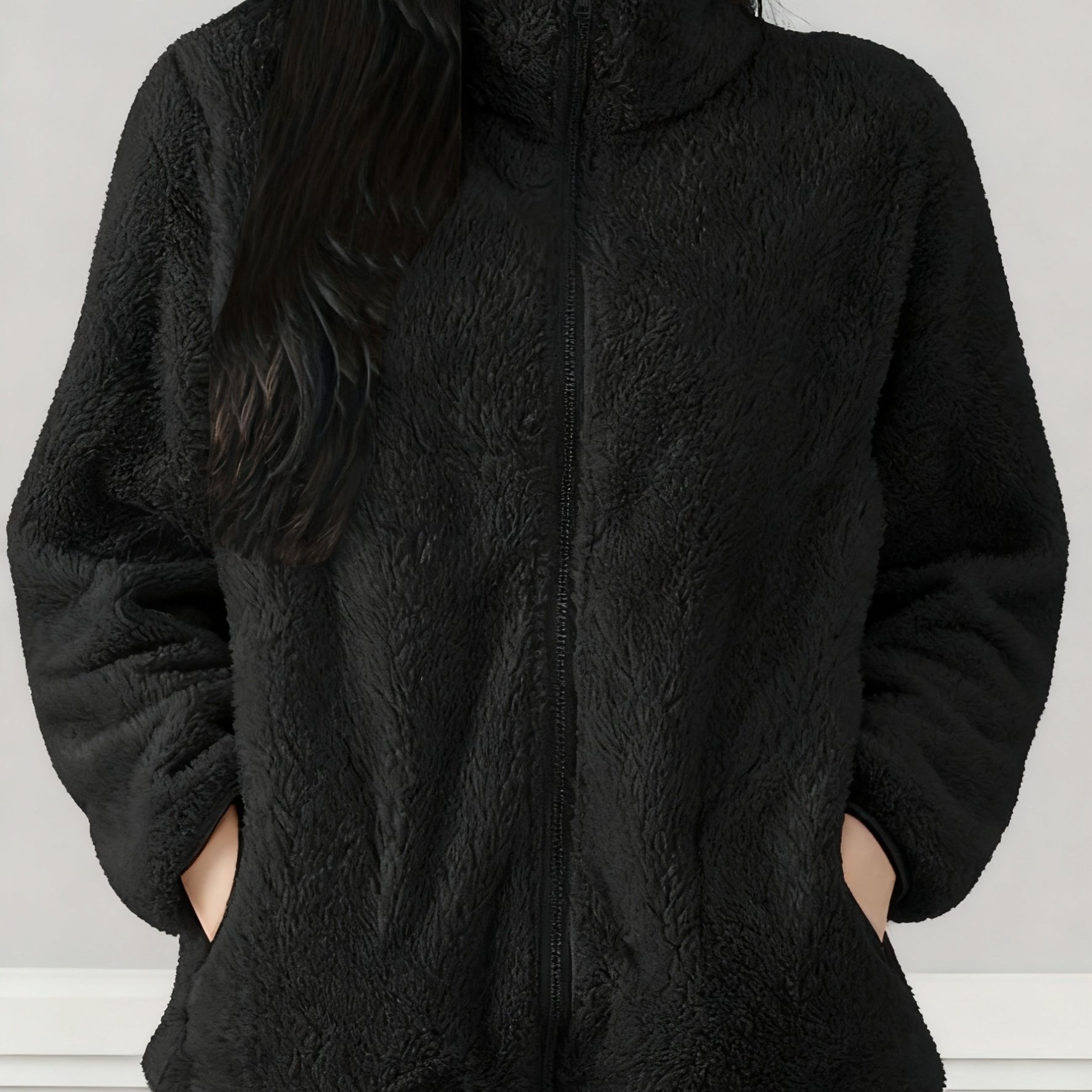 E-shop Damen-Fleecejacke - kuschelige Winterjacke mit Stehkragen, Reißverschluss, Langarm-Freizeitjacke für kaltes Wetter, & Farbblock-Design,