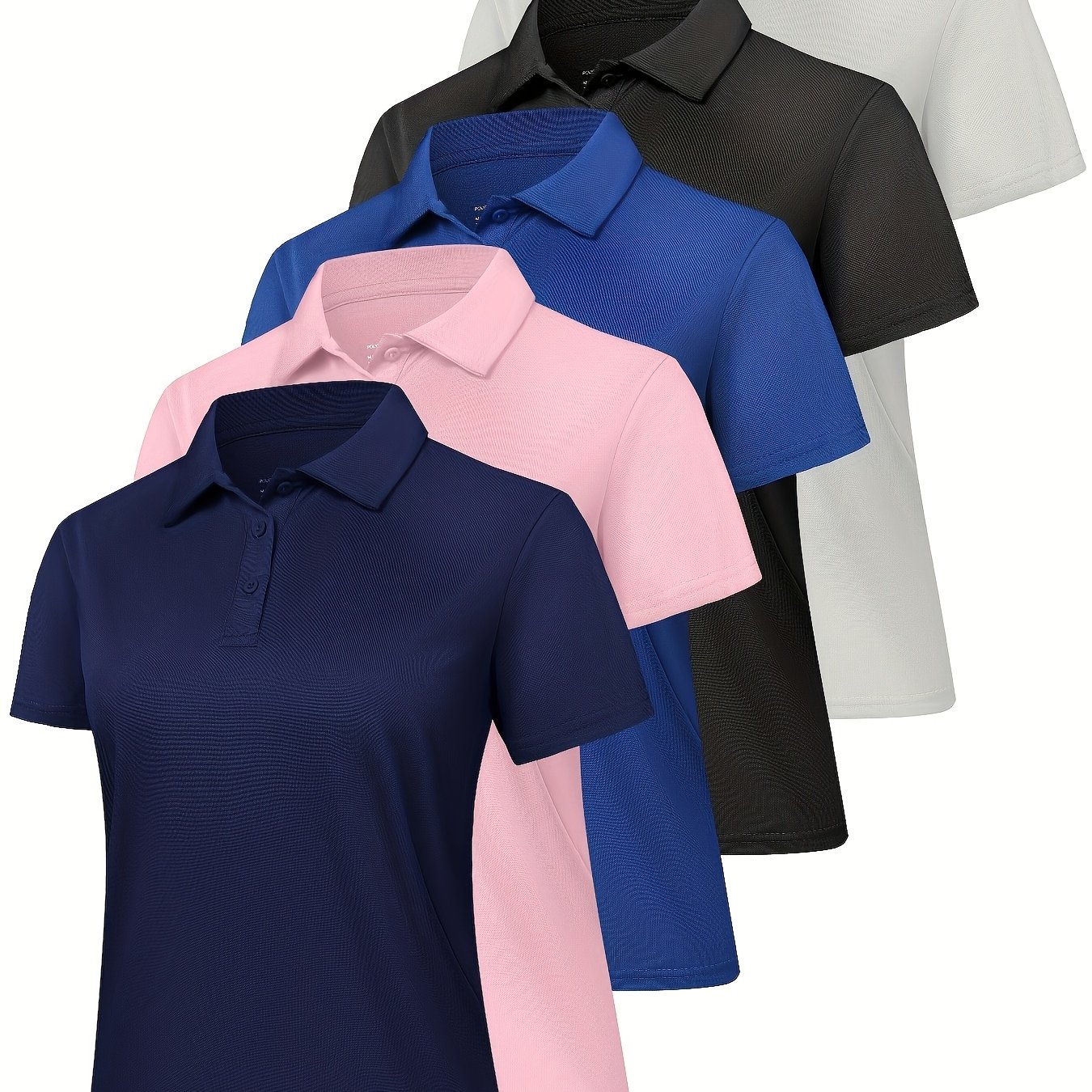 TEMU 5 Pack Women's Shirts Short Sleeve 3 Buttons Collared Uniform Tops Moisture-wicking T-shirts For Work & Casual