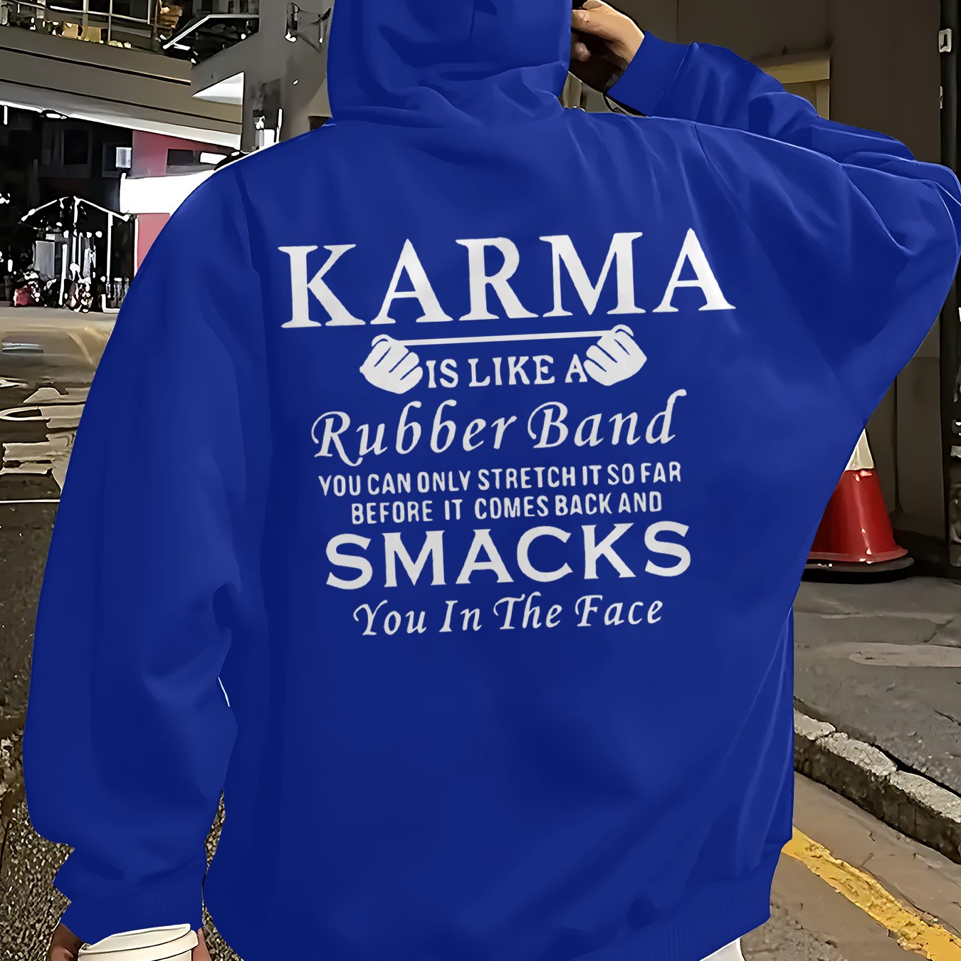 TEMU Men's Casual Hooded Sweatshirt, Karma Rubber Band Print, Loose Street Style, , Adjustable Drawstring Hood, Casual Pullover Top