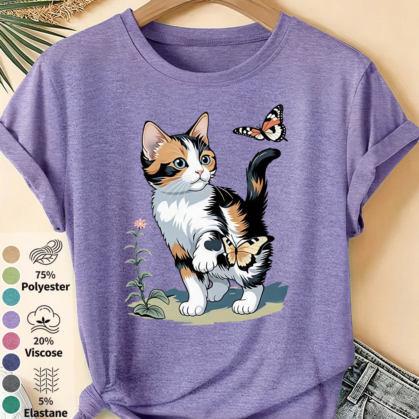 TEMU Women's Calico Cat & Botanical T-shirt - Soft Short Sleeve -compatible Top Suitable For Spring Summer Casual Wear, Round Neck Tee With Cat