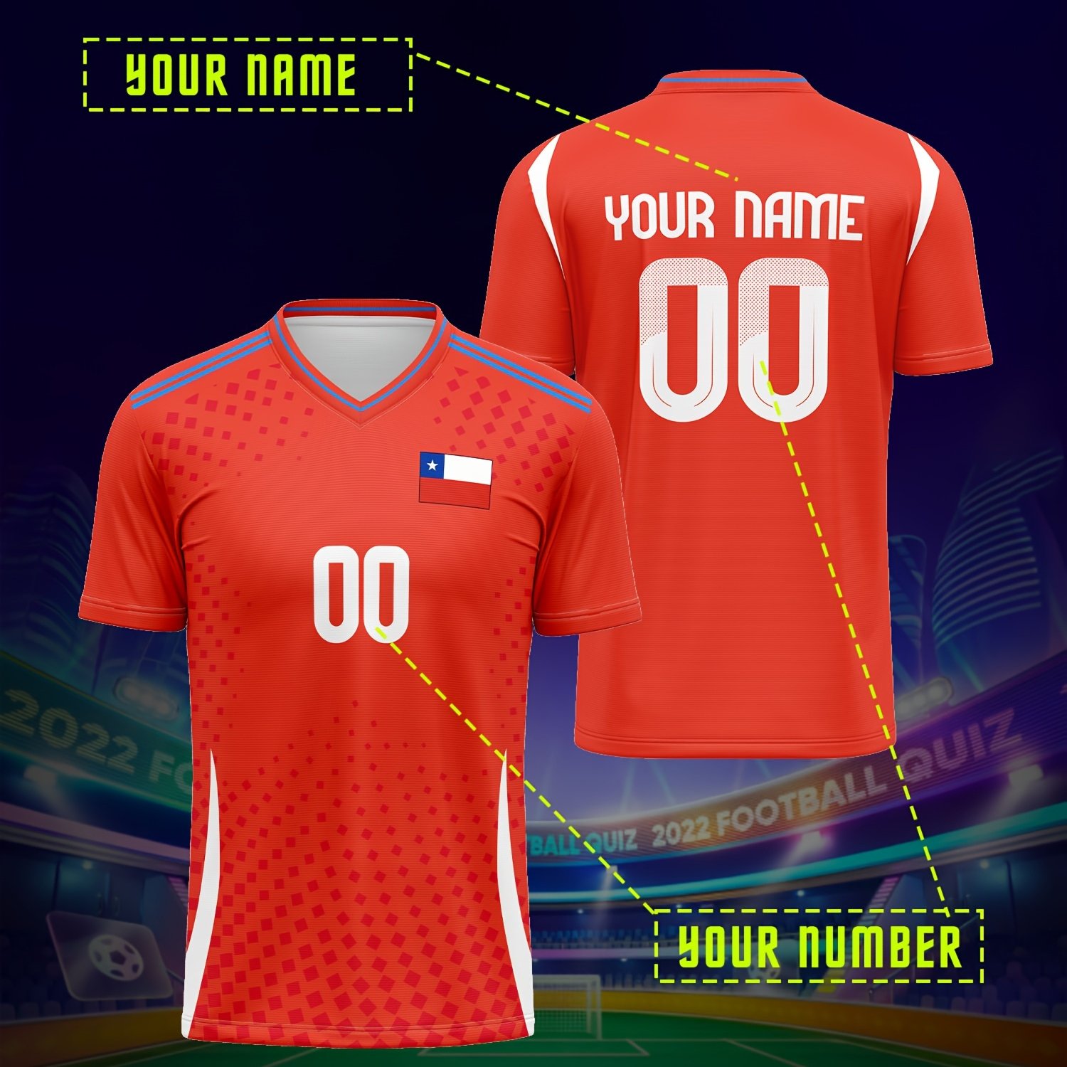 TEMU Customizable Chile Soccer Jersey - V-neck Breathable Training Shirt, Personalized Name And Number, Print Design, Suitable For Training, Beach
