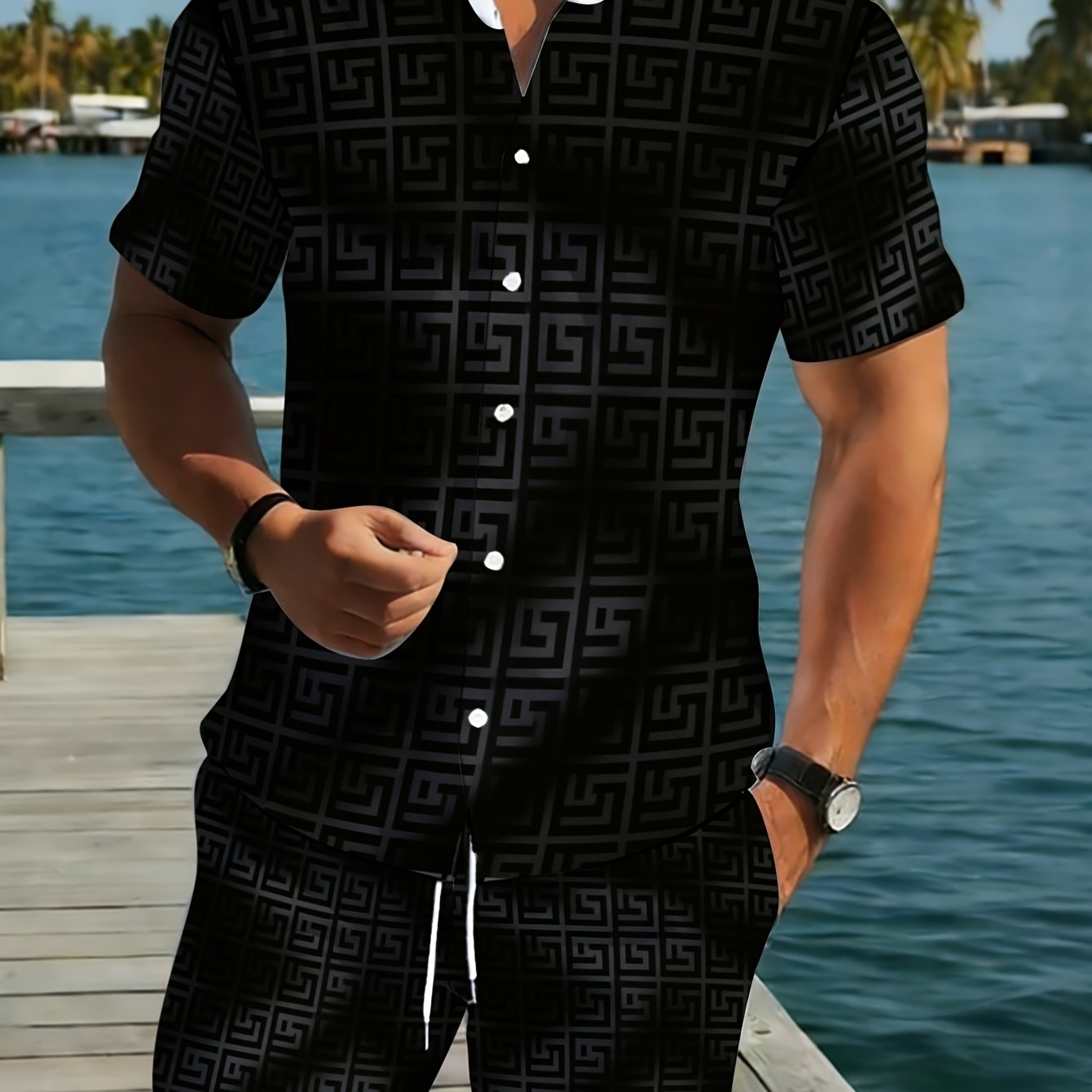 TEMU Men's Shirt And Shorts Set For Summer, Black Geometric Pattern, Men's Fashion Versatile Short Sleeve Shirt And Shorts 2pcs Outfit