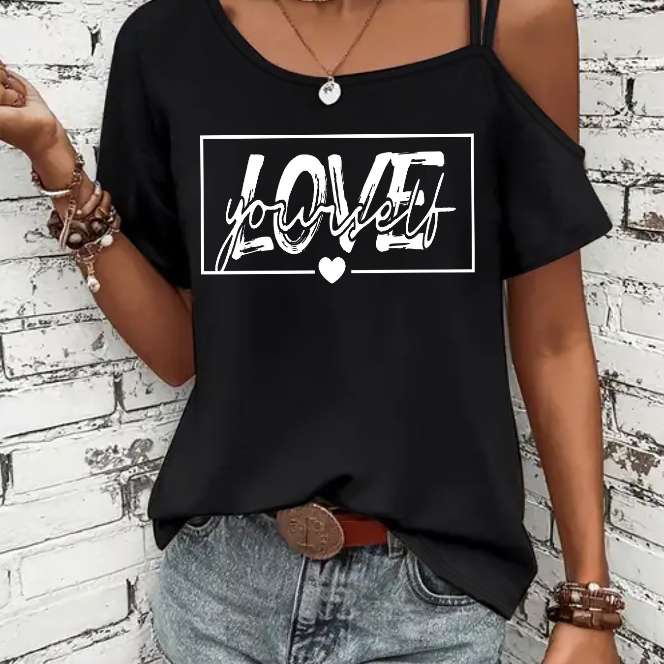 TEMU (035#) Women's Fashion Off-shoulder Cami Short Sleeve T-shirt, Off-shoulder Print Short Sleeve, Fashion Casual Versatile Top