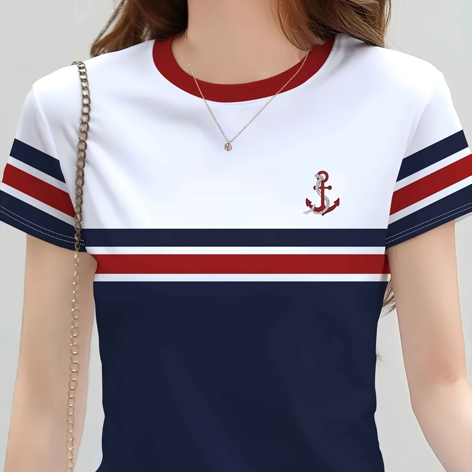 TEMU [프린트 디자인 – 텍스처 아님] 신상 여름 패션 트렌디 여성 티셔츠, 앵커 프린트 대비 반팔 티셔츠 여성 여름 캐주얼 다용도 라운드넥 탑, 완벽한 선물입니다
