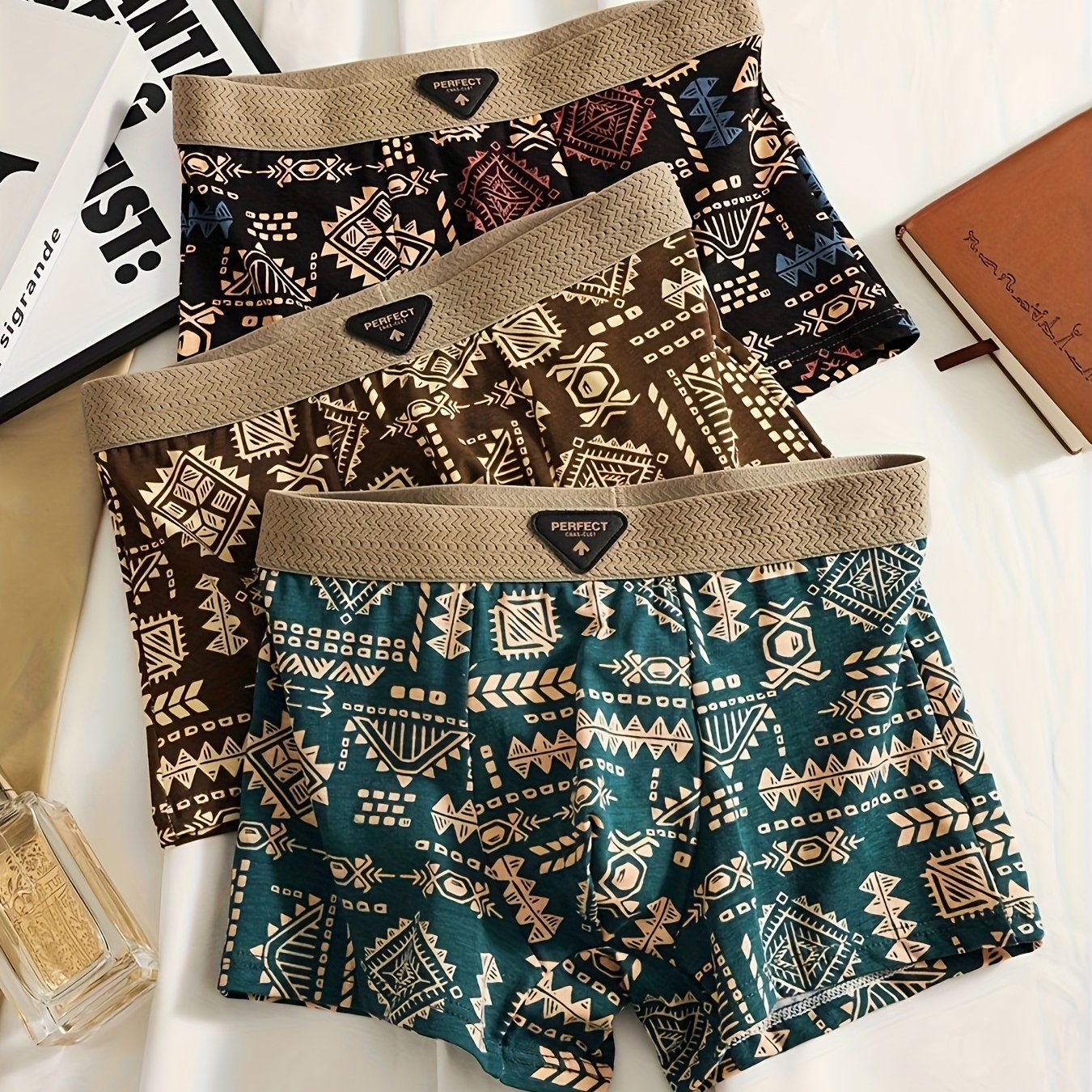 3pcs Set Of Men' Elastic Flat Briefs, Random Print 95% Polyester 5% Spandex Comfortable Loose Fabric Men's Underwear
