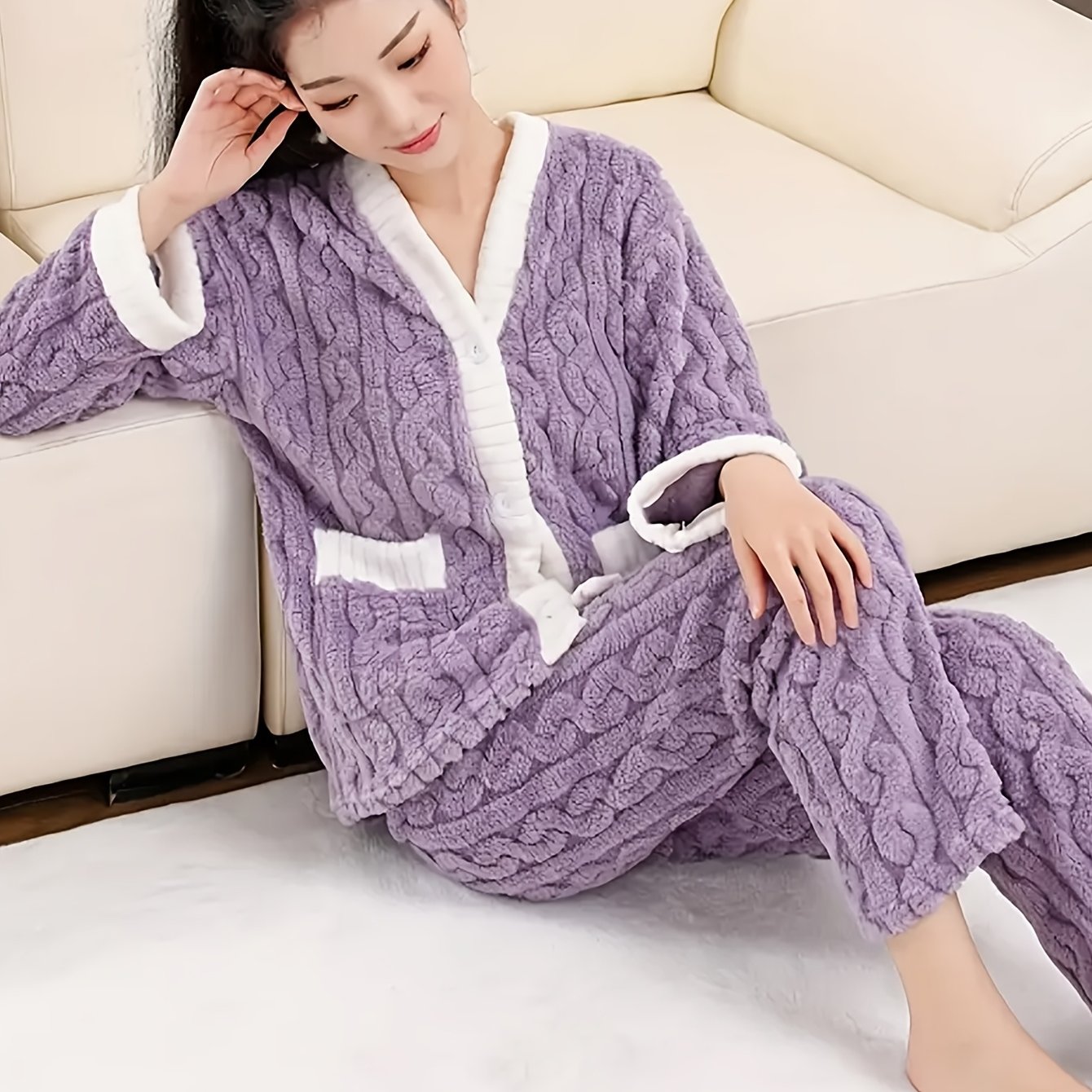 TEMU Damen Winter-Pyjama in Korallenrot, verdickt mit , lässiges Freizeit-Strickjacken-Set, lockeres Oberbekleidungs-Set im süßen koreanischen Stil