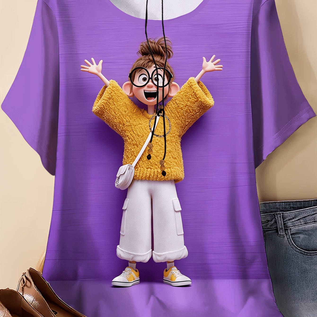 TEMU Plus Size - Plus Size Women's Round Neck Cartoon Raising Hands Smiling At Camera Design, Casual Top | Print Top Stretchy Fabric Fashion Outfit