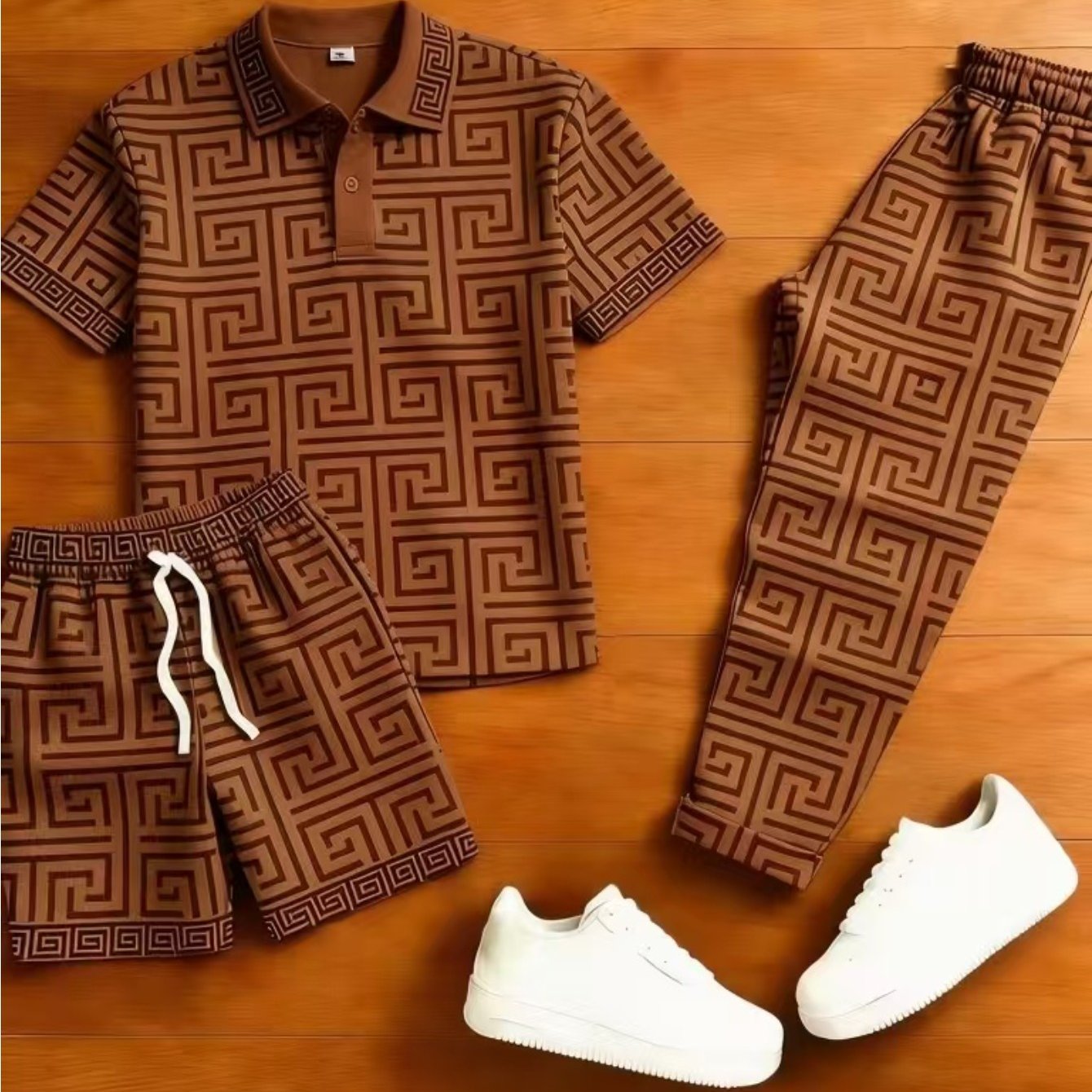 Image of 3pcs Set: Men's Casual Sports Suit - 3d Printing, Button Open, Including Short-sleeved Shirt, Shorts And Trousers, Comfortable Fabric, Light , Casual Business, Daily Wear, For Gifts