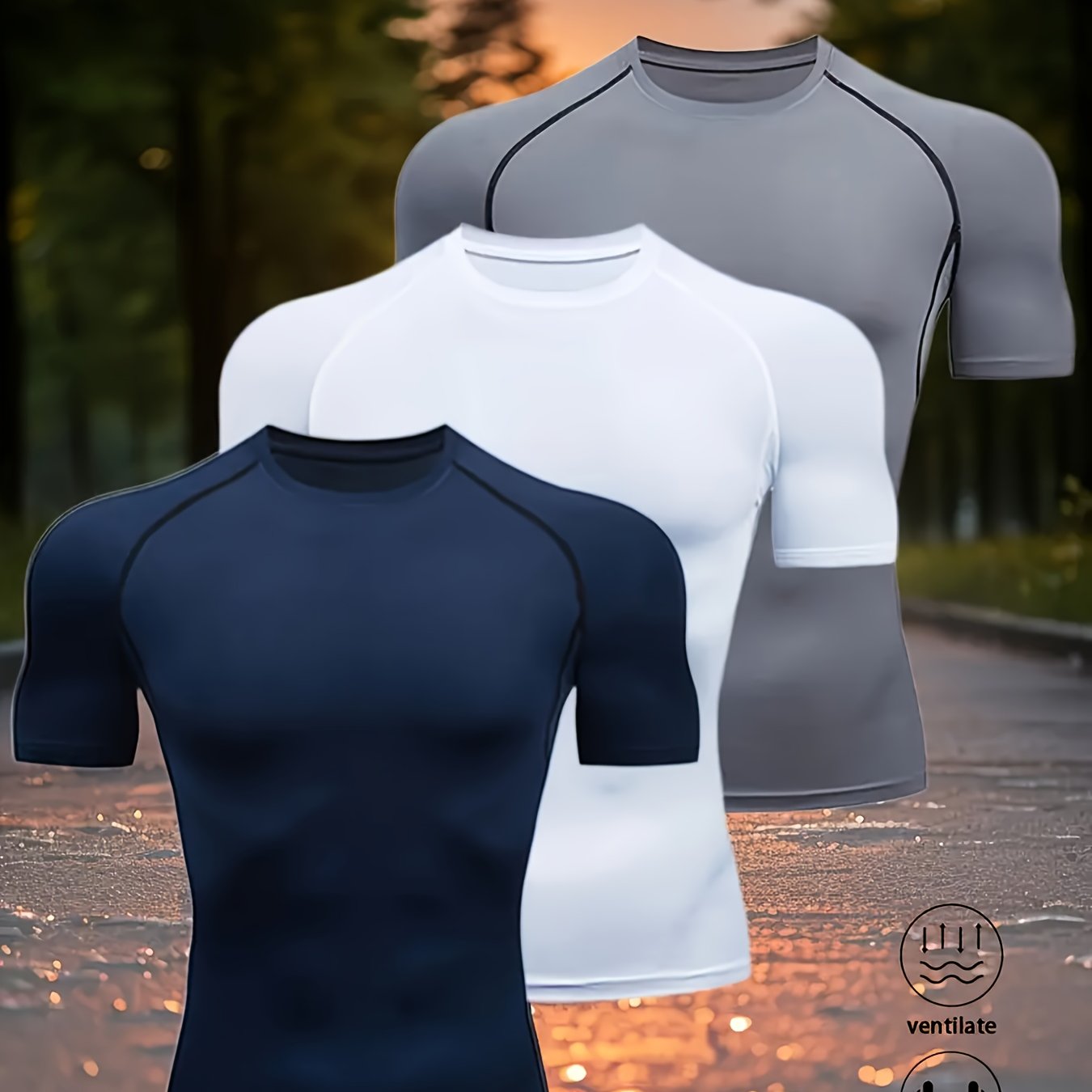 TEMU 3pcs T-shirt de sport homme à séchage rapide, couleur unie, couche de base, vêtement de fitness décontracté, léger, respirant,