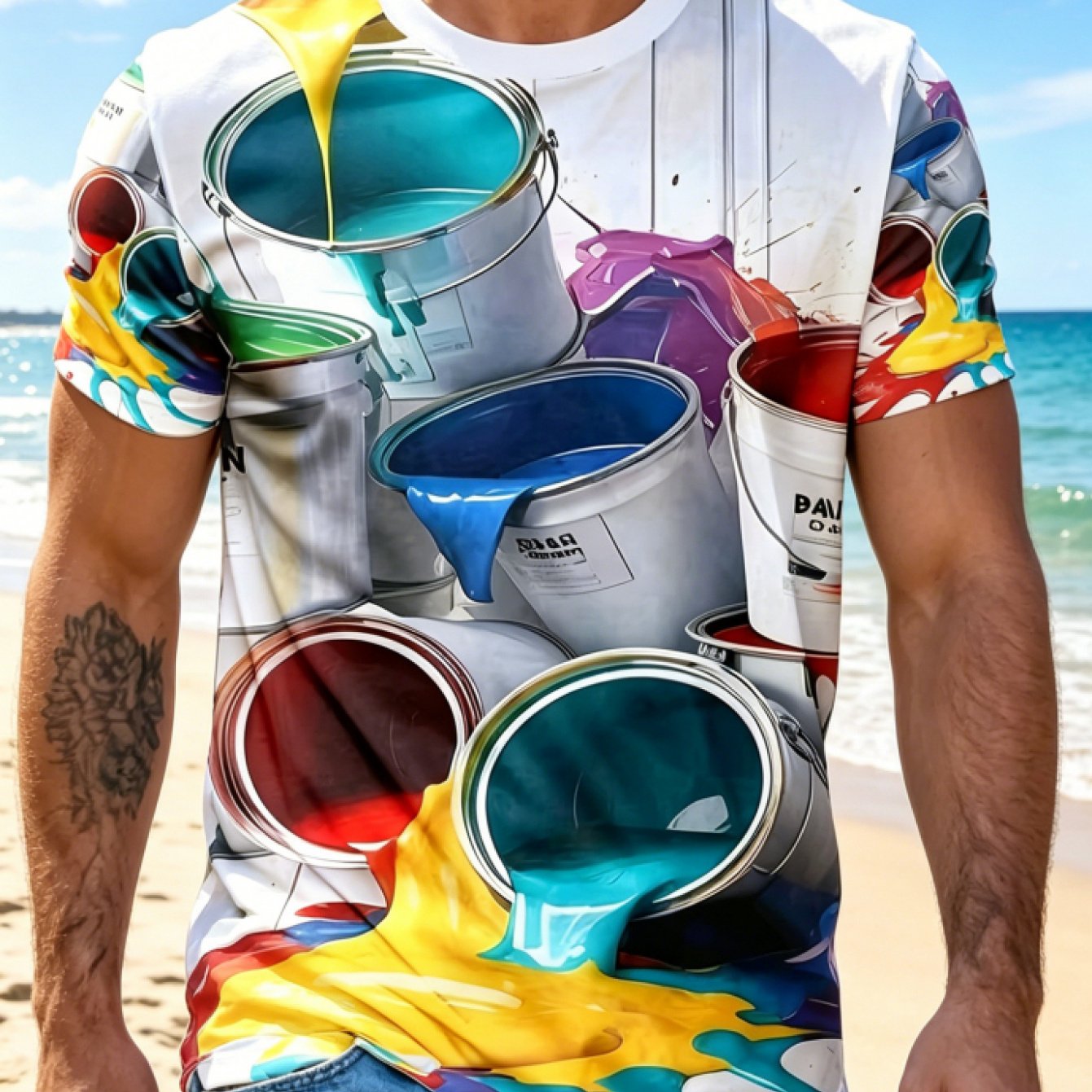 TEMU Printed Design - Not Textured, Paint Bucket Splatter Print, Creative Artistic Style Casual Breathable Short-sleeve T-shirt