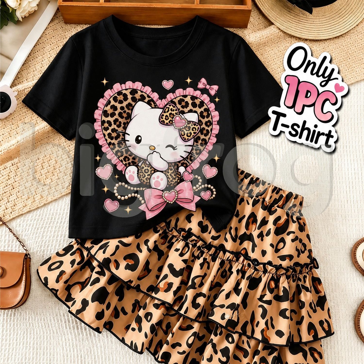 1pc Black Sunflower Leopard Heart Print Crew Neck Short Sleeve T-shirt, Cute Shirt, Girls Casual Summer Fashion Graphic , Perfect For Daily Wear, School Outfits, Family , Birthday Party