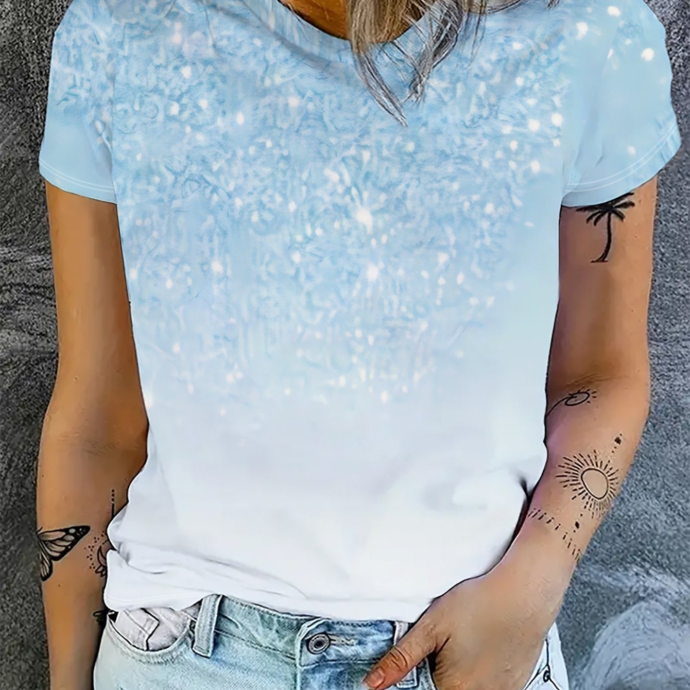 TEMU Women's Flower Print Short Sleeve T-shirt, Summer Polyester, Casual Versatile Round Neck Regular Fit