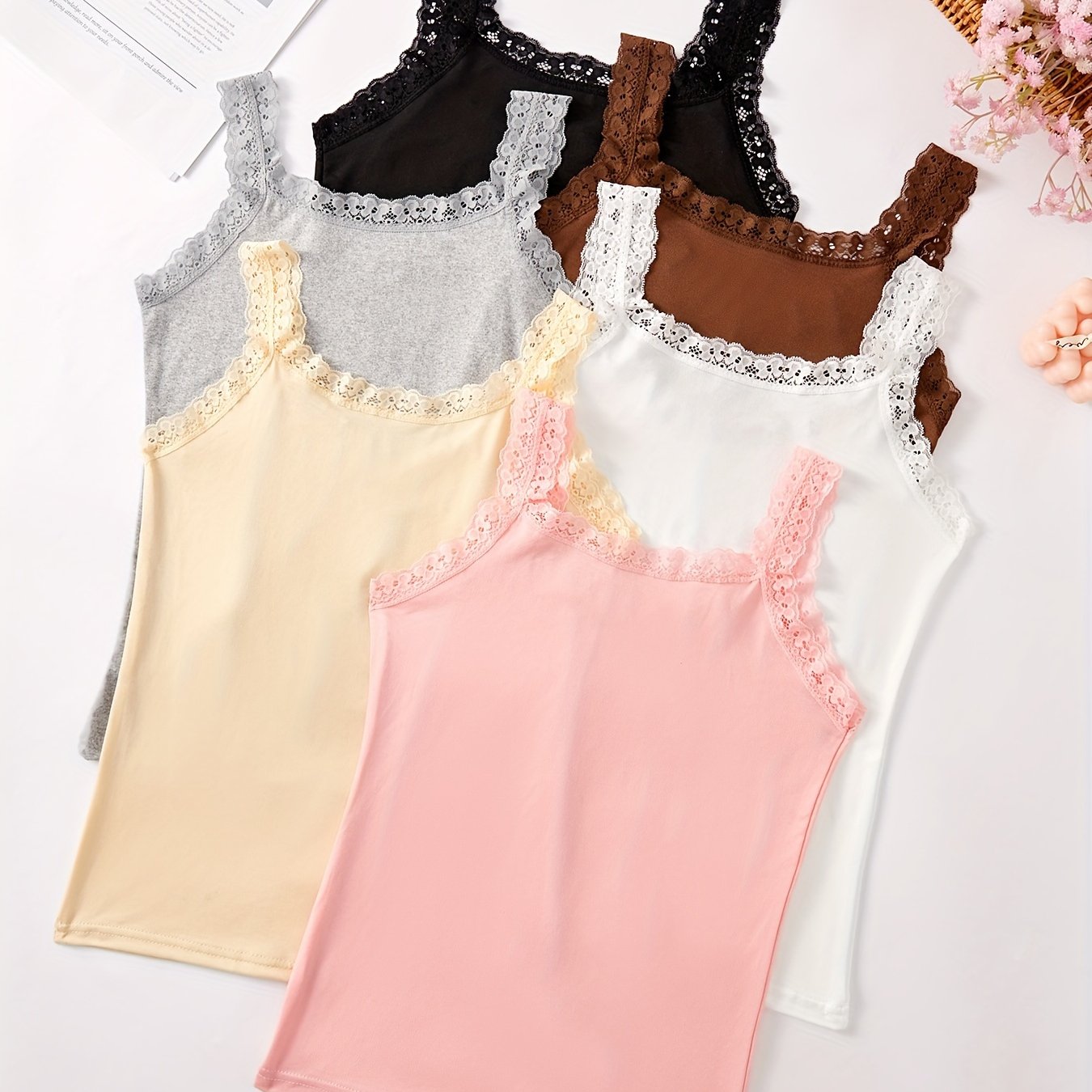 Image of Set Of 6 Autumn And Winter Lightweight Sleeveless Solid Color Lace-trimmed Vests, Versatile Round-neck Tops, Women's Underwear