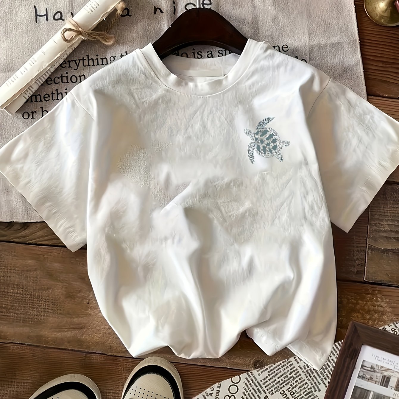 TEMU Turtle Print Short Sleeve T-shirt, Round Neck Casual Women's Top For Spring Summer, Casual Wear