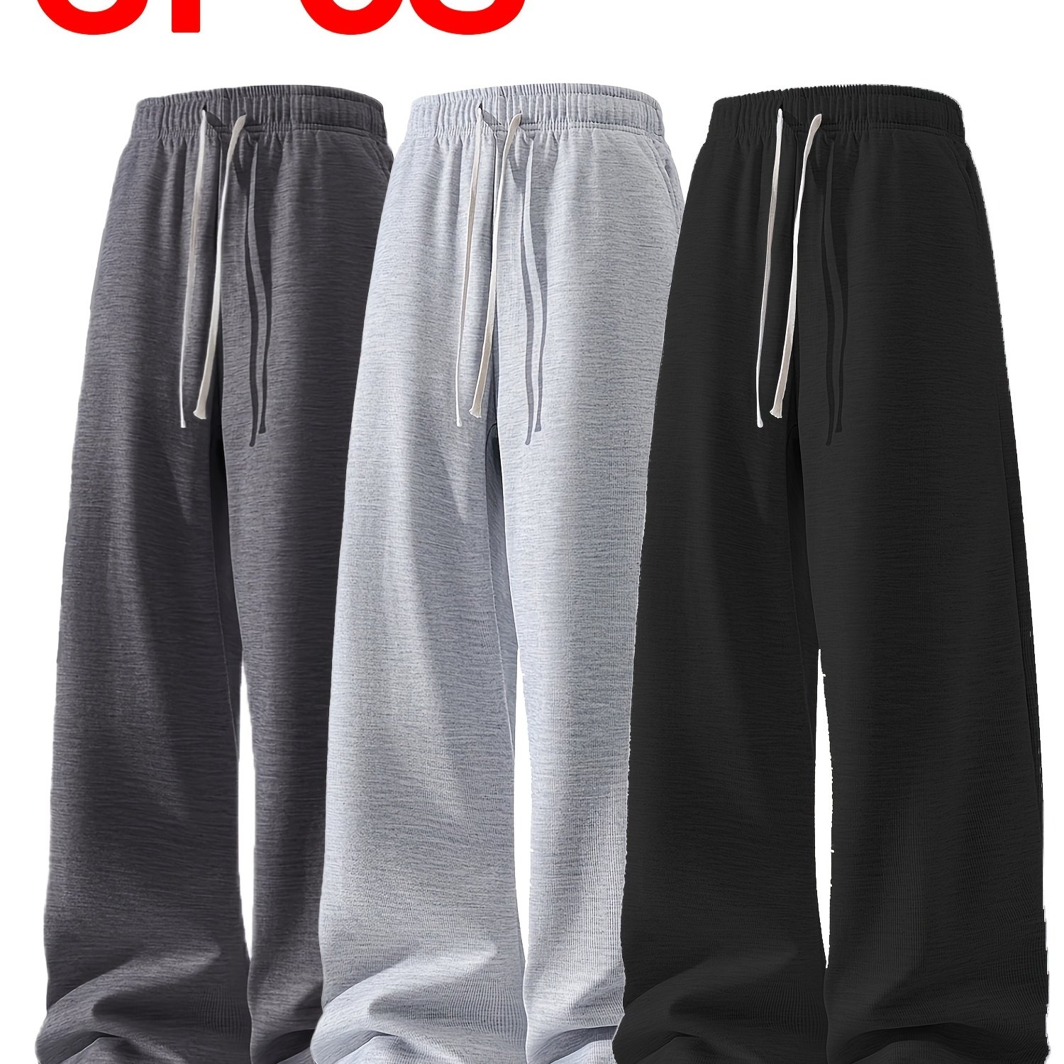 Image of 3pcs Men's Lightweight Drawstring Loose Sports Pants - Soft Knit, Straight , Comfortable All Year Round, With Side Pockets Suitable For Fitness And Casual Wear, Pants For Runners