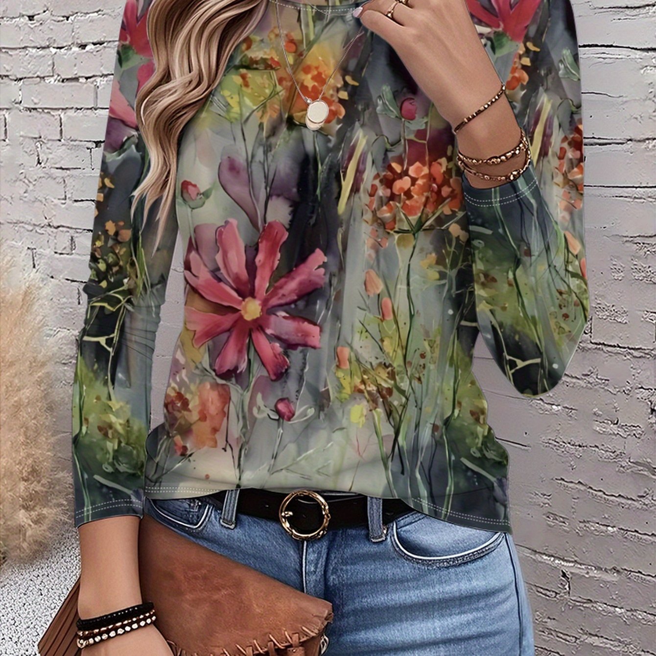 Image of Women's Printed Long Sleeve Round Neck T-shirt- Spring And Autumn Casual Top With Bright Floral Pattern, Machine Washable