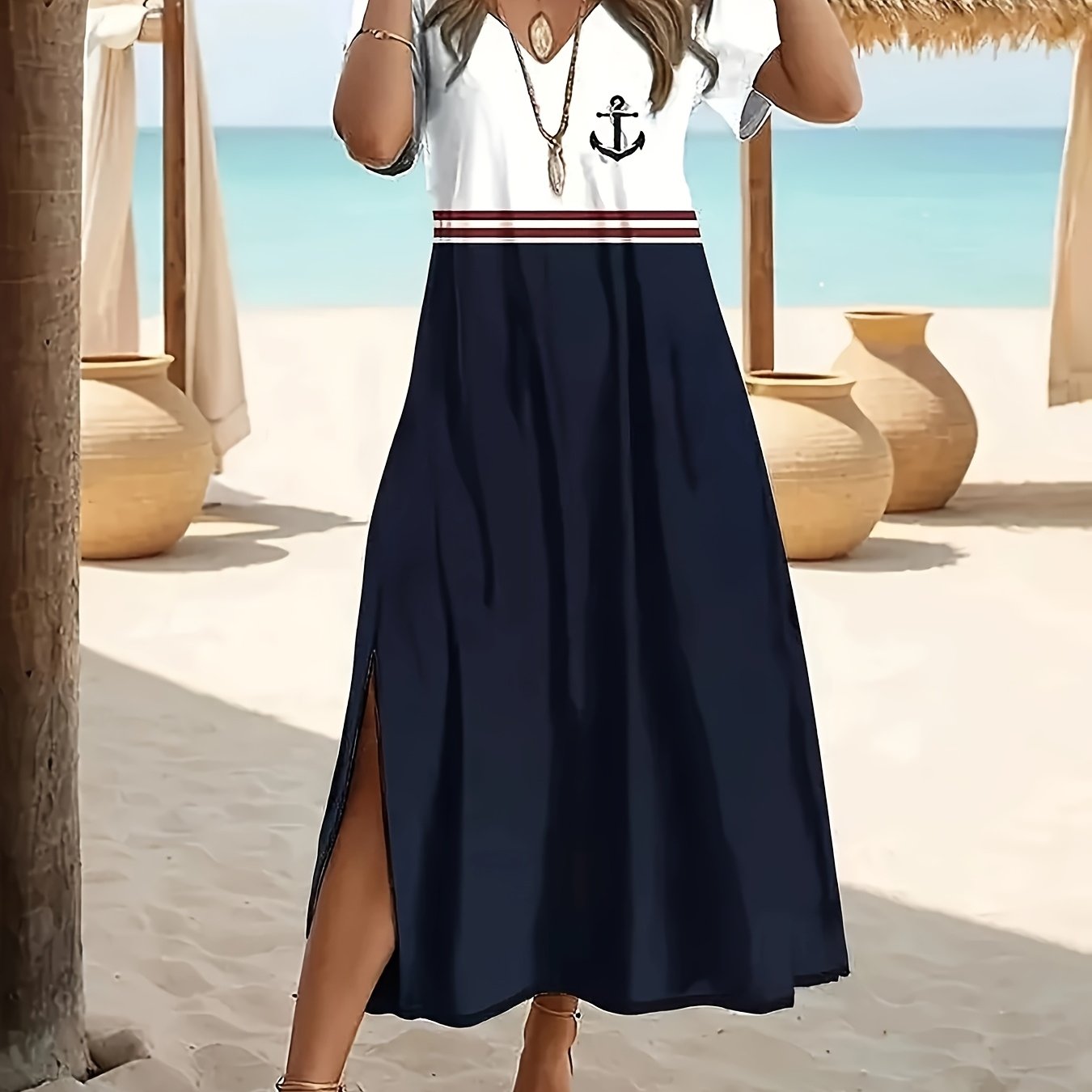 TEMU Anchor Print Side Slit Women's V-neck Short Sleeved Beach Dress
