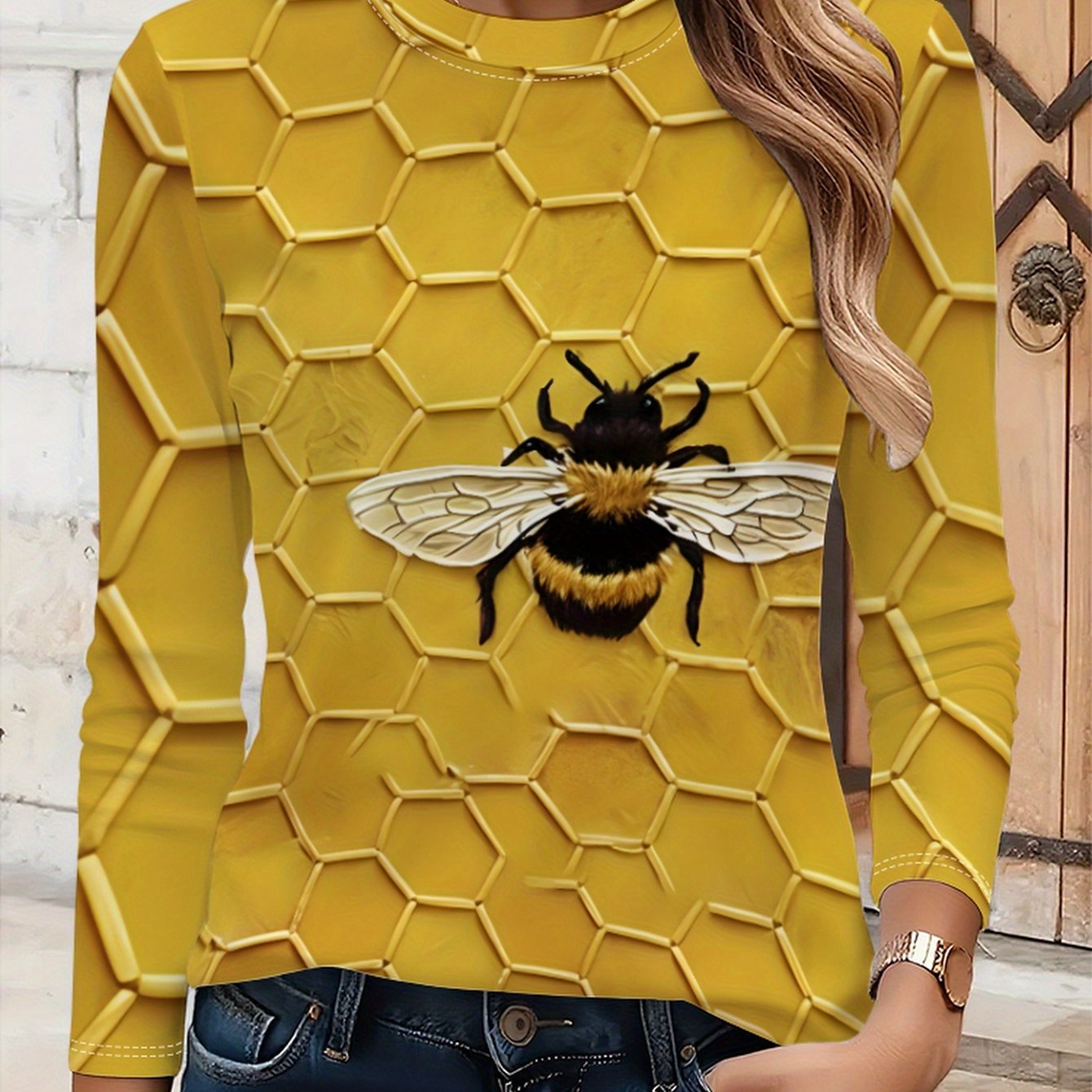 TEMU Bee Honeycomb Hexagon Print Yellow Graphic Winter New Full-body Fashion Versatile Trendy Women's Neck Long Sleeve T-shirt-085