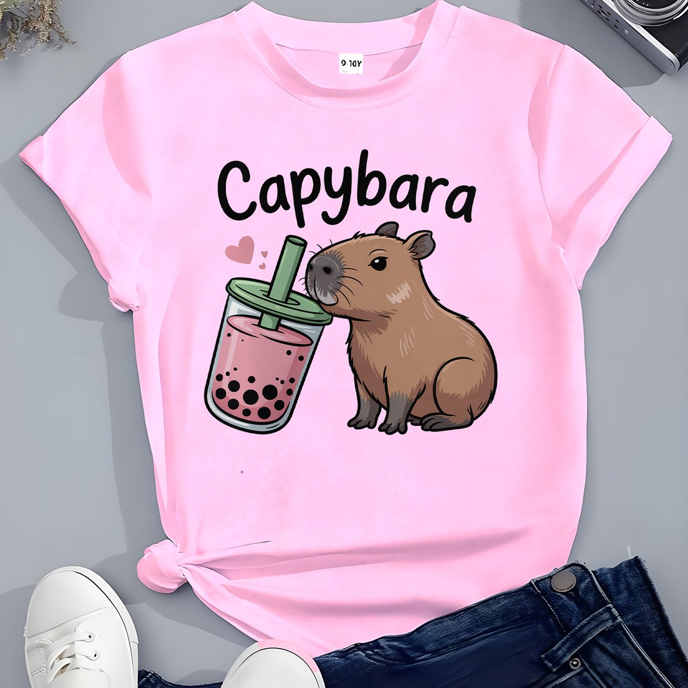 Image of Girls' Stylish And Casual Short-sleeve T-shirt - A Cute And Comfortable Top For Spring And Summer With A Relaxed Fit And Round Neckline