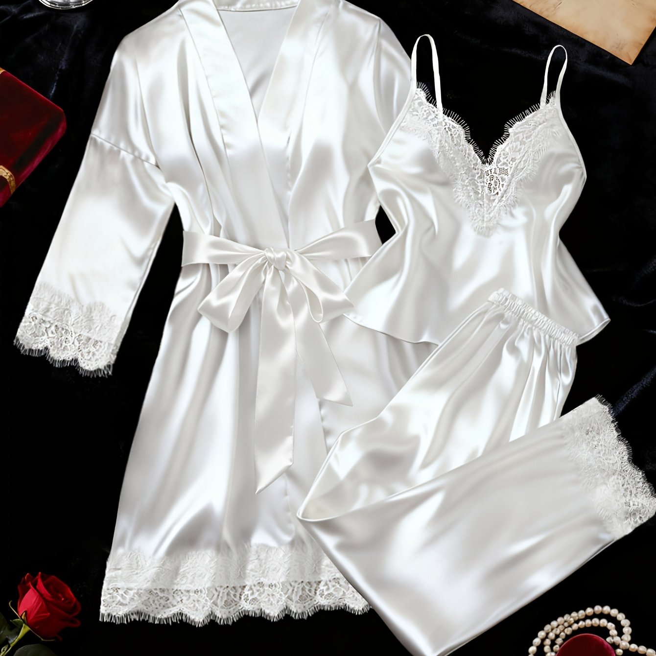 Image of Women's 3pcs Solid Color Contrast Lace Pajama Set, Spaghetti Strap Camisole & Elastic Pants & Loose Fitting Nightgown Belt, Soft Loungewear