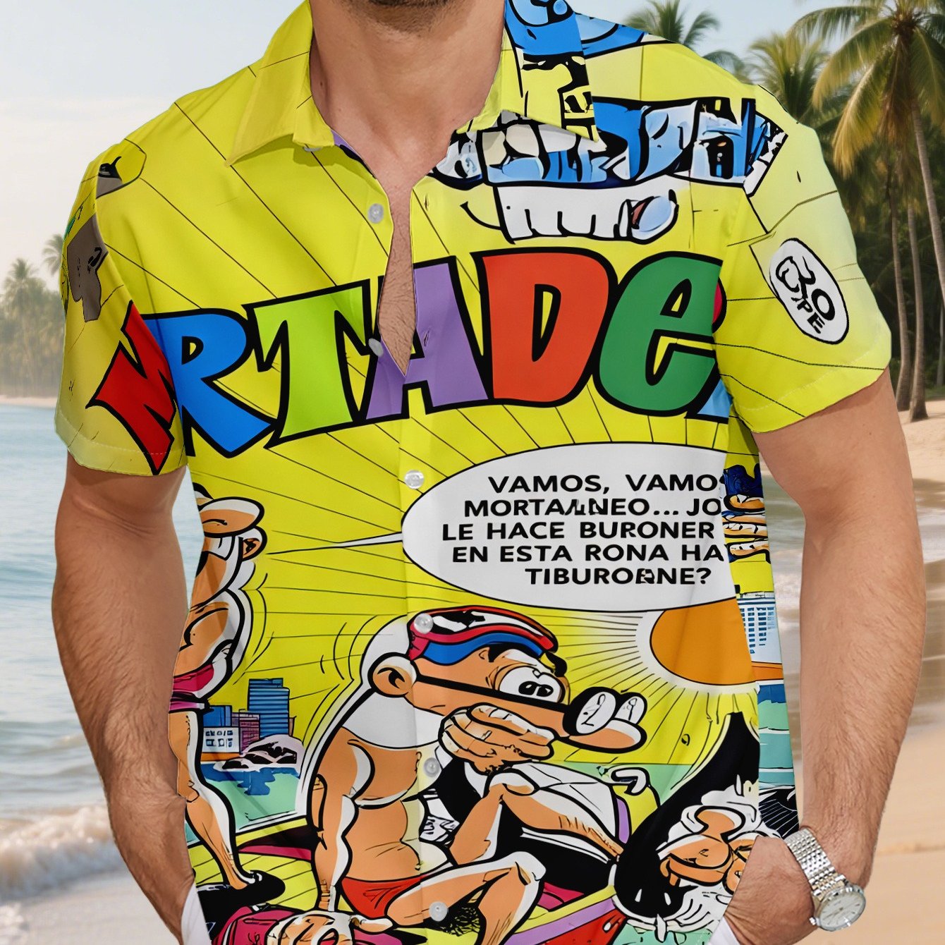 TEMU Nueva Camisa de Manga Corta para Hombre con Cuello y Estampado de "": Dos en un Bote y una Burlándose de un Tiburón. Una Versátil para Reuniones