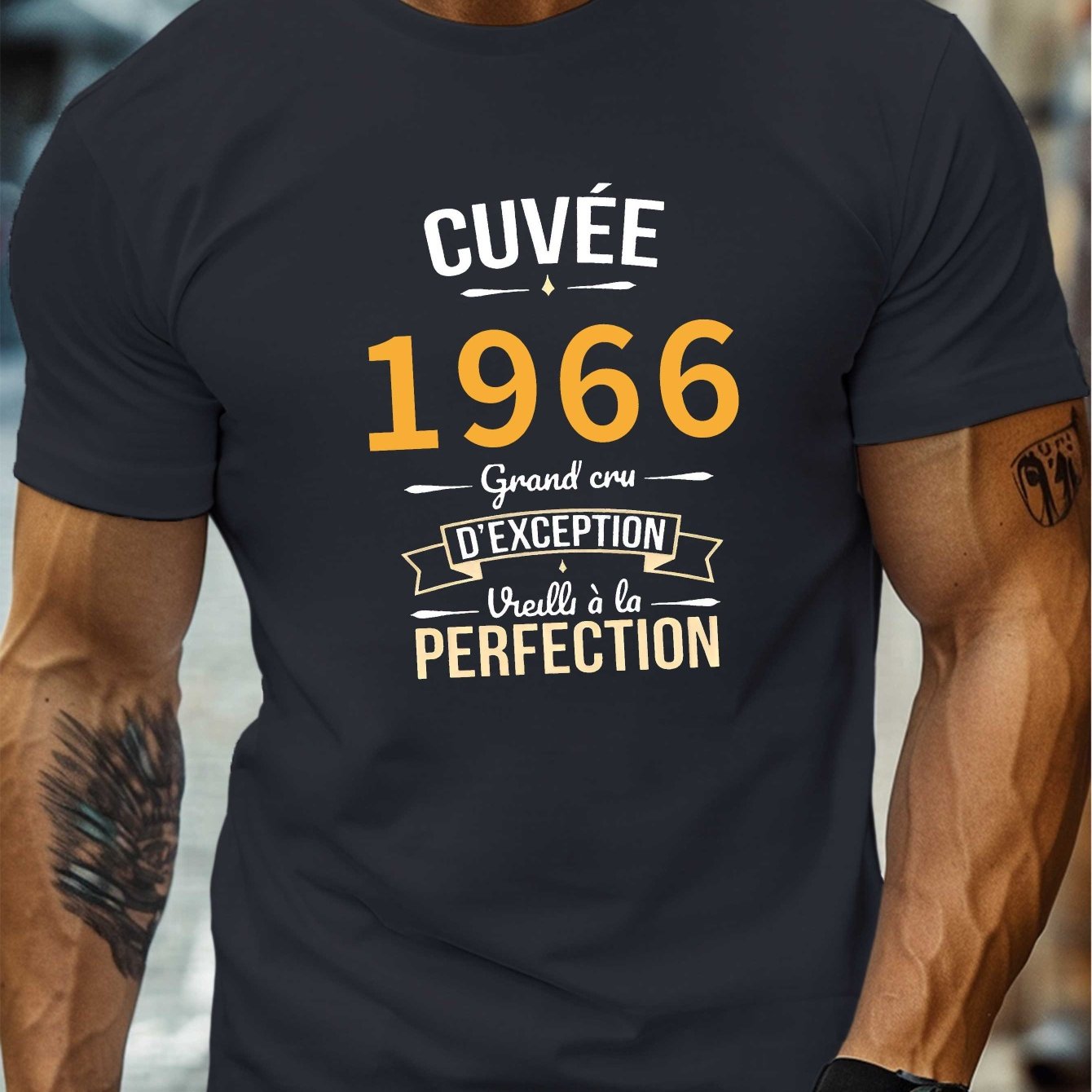 TEMU Chemise Vintage Homme 1966 - T-Shirt Rétro Bleu Marine à Col Ras du Cou avec CUVEE - Haut Léger pour Tenues Décontractées et Formelles, Lavable