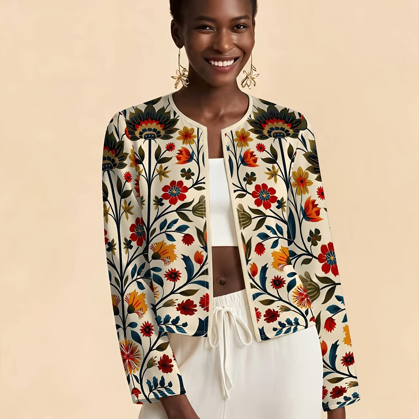 TEMU Standard Size Women's Cropped Cardigan Jacket, Vintage Ethnic Floral Long Sleeve Cardigan, Fashionable Casual Outing Cover-up, Women's Clothing