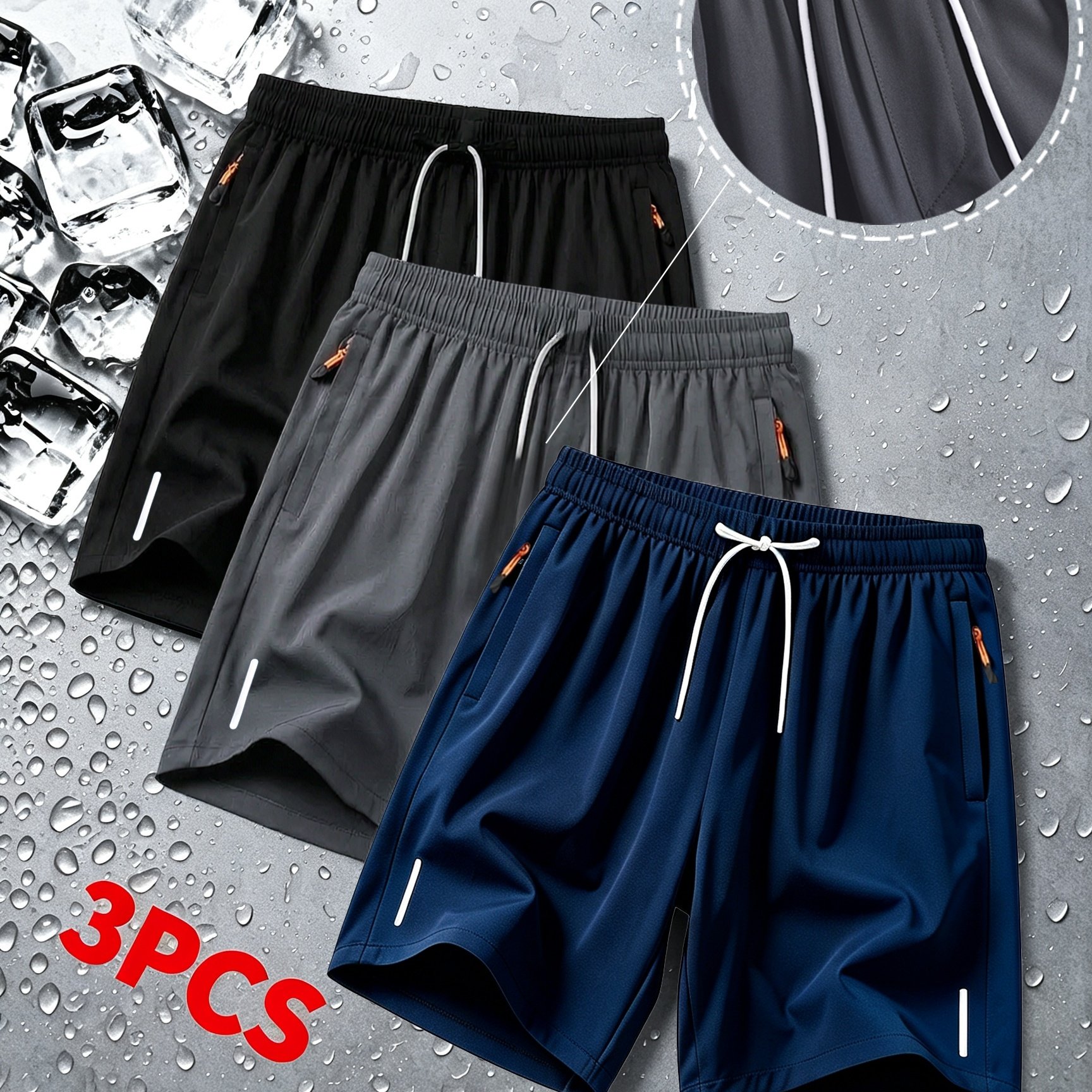 3 Pack Men's Quick Dry Athletic Shorts With Zipper Pockets Reflective Strip Drawstring Waist Lightweight Casual Workout Running Gym Shorts For Men