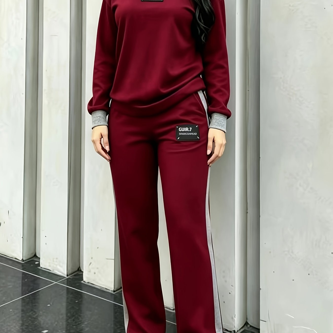 TEMU Bk260609089 Women's New Elegant Casual Round Neck Long Sleeve Color Block Comfortable Long T-shirt And Casual Comfortable Long Pants 2pcs Set