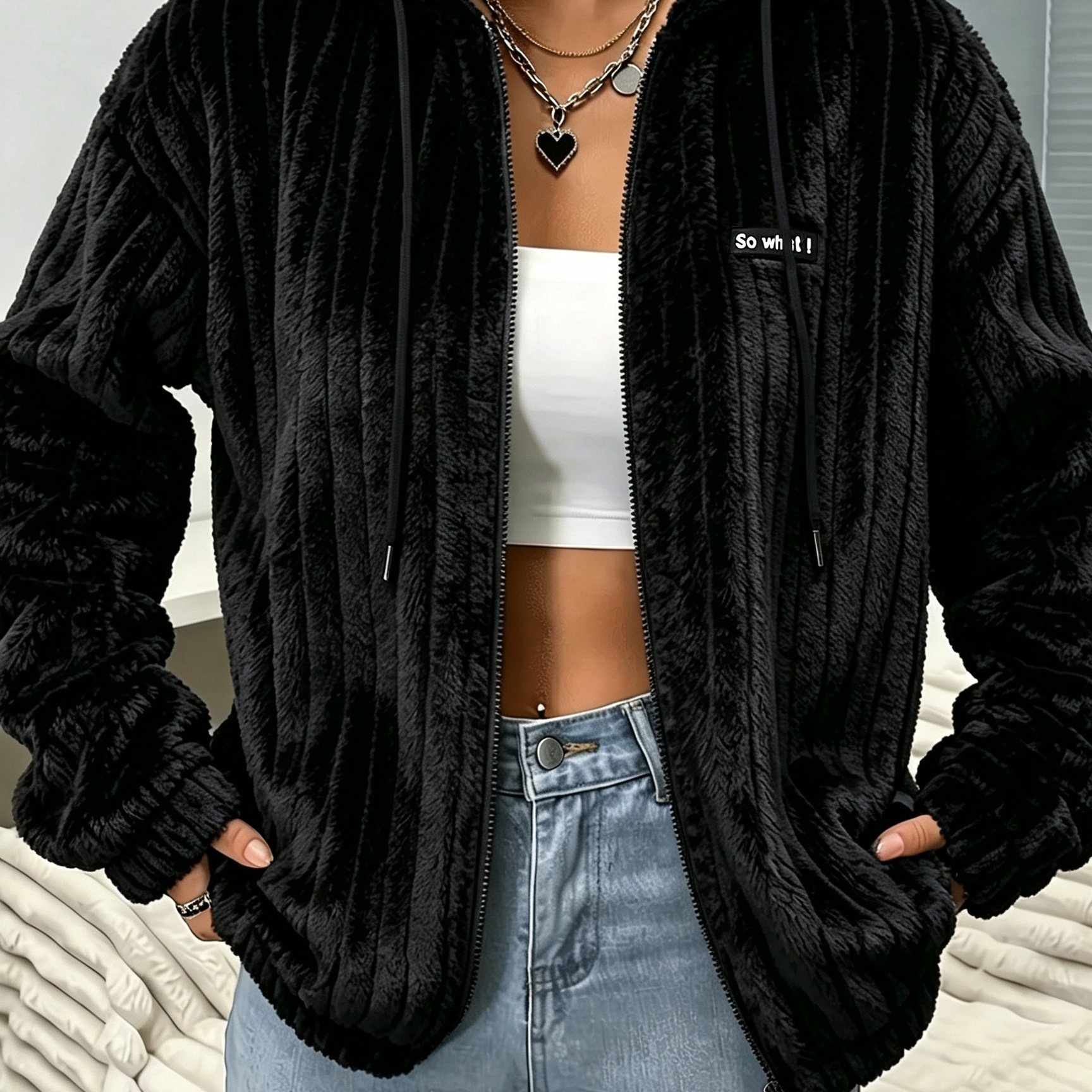 TEMU Cross-Border Lässige Plüsch Jacke mit Reißverschluss Kapuzenmantel Damen Kapuzenpullover Bzra