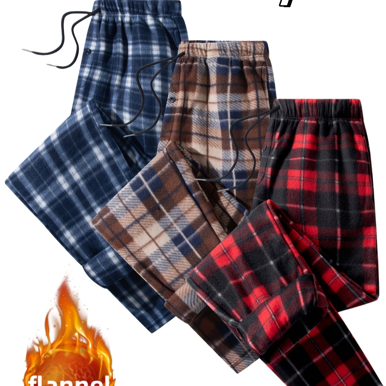 TEMU Pantalon long à carreaux en flanelle brossée double face pour homme, avec imprimé à carreaux, pantalon de sport décontracté doté d'une ceinture
