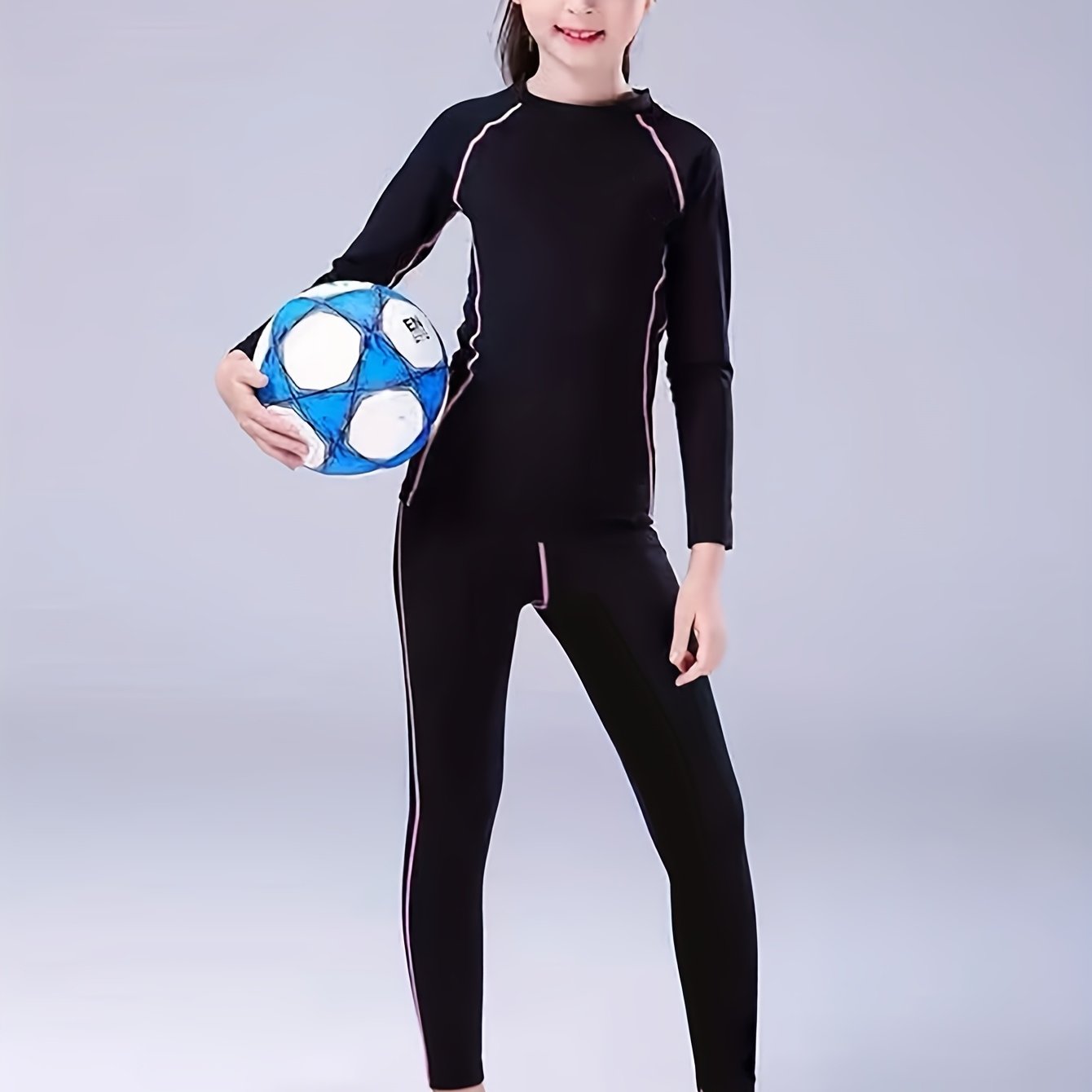 Image of Girls' Long Sleeve Athletic Set, Yoga Outfit, Running Training Wear, Girls' Solid Color Body Suit, For Outdoor But Stretchy, Christmas, Halloween