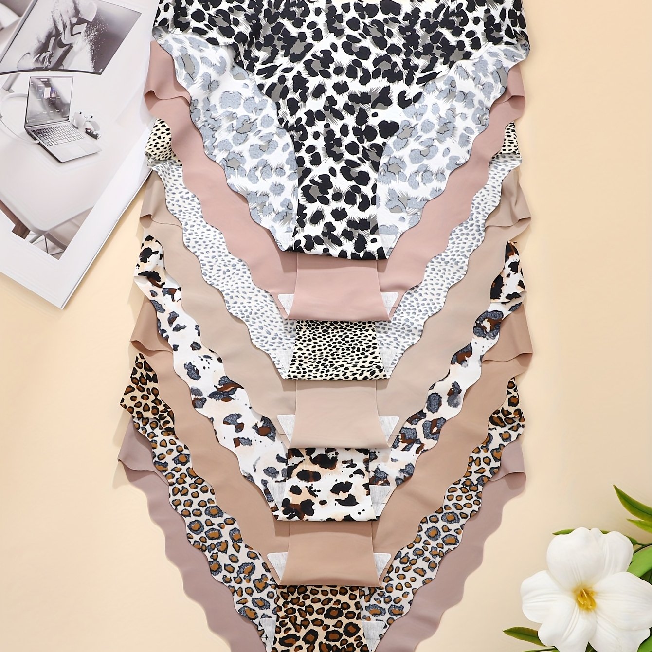 TEMU 8-pack - Leopard Print Mixed Nude Color Elegant Romantic Women's Panties 1pc Wave Lace Dance Sports Women's Briefs