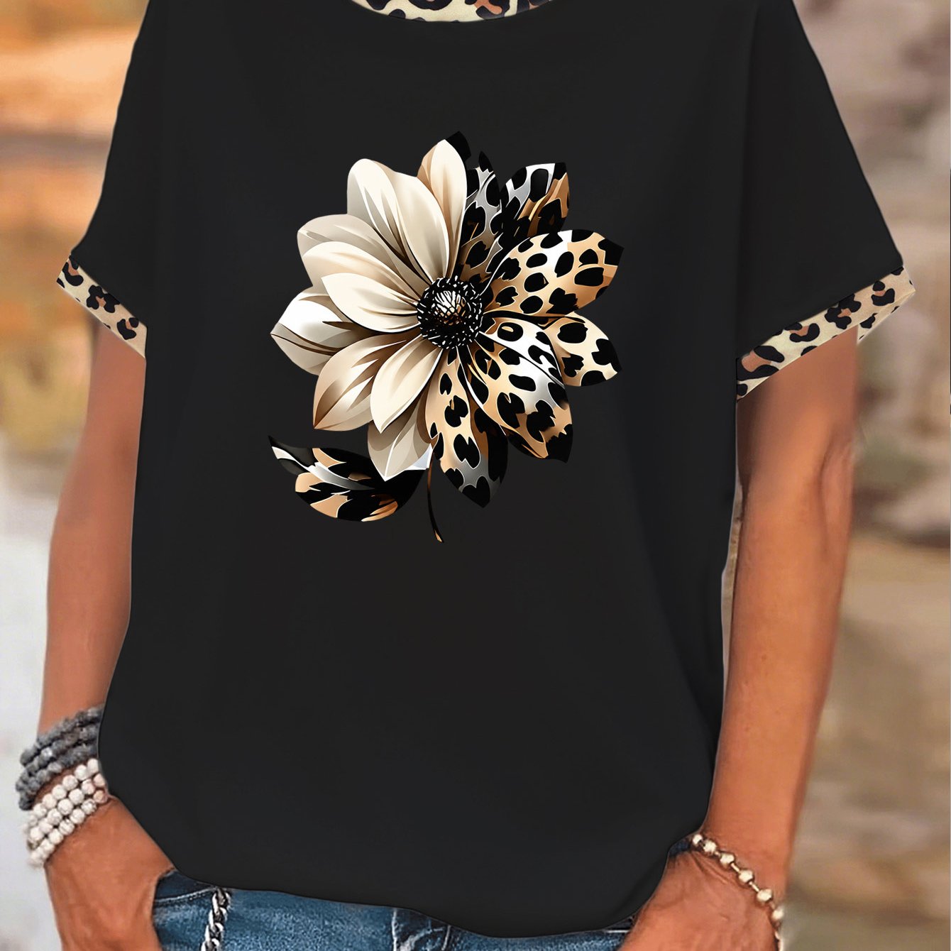 TEMU Plus Size, Plus Size Casual Floral Leopard Pattern Printed Short Sleeve Tshirt Women's Leopard Print Collar Trendy Beach Party Suitable For ,