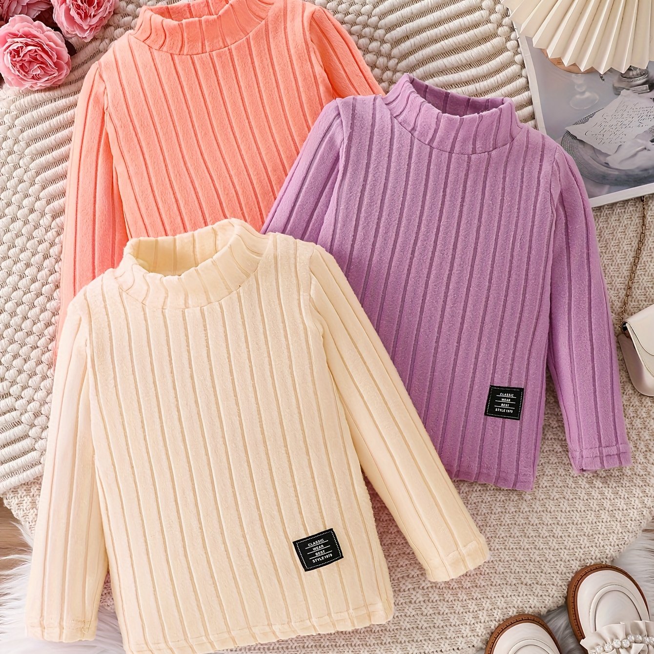 3pcs Girls Casual Comfortable Solid Striped Long Sleeve Pullover Set, Spring Summer Autumn