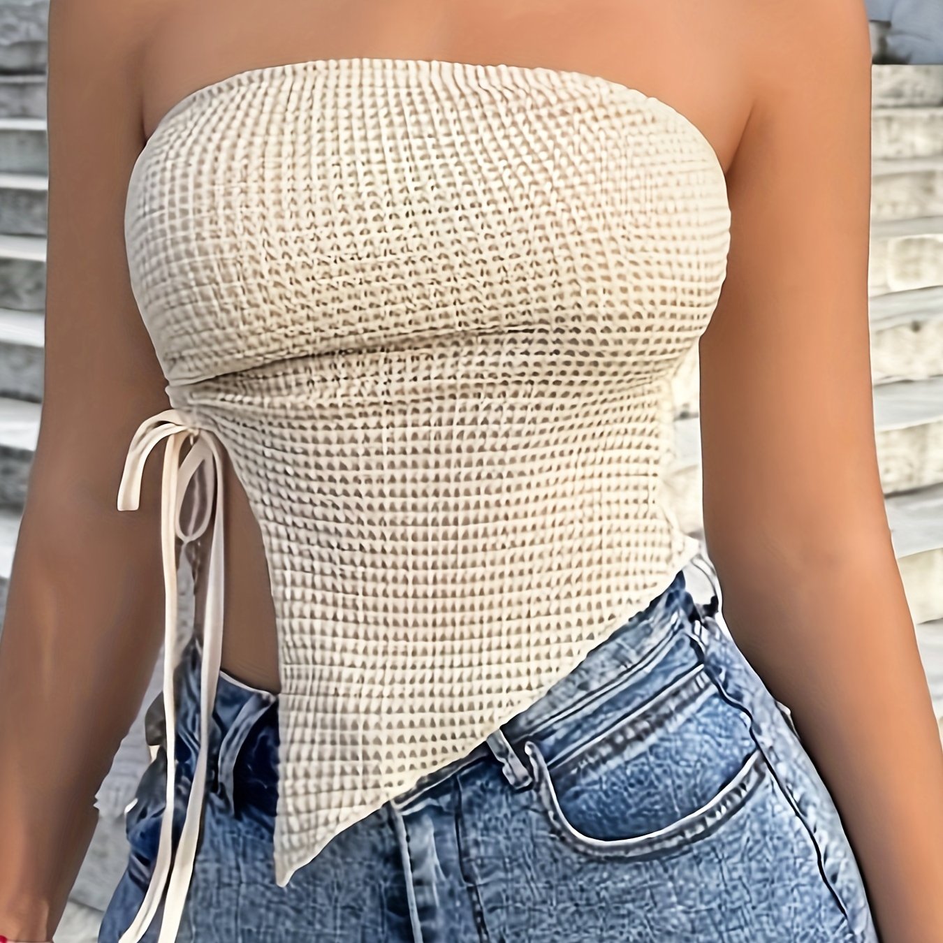 Lauweion Women's Strapless Knit Tube Top Y2K Asymmetrical Slits Solid Slim  Fitted Off The Shoulder Going Out Tops Apricot at  Women's Clothing  store