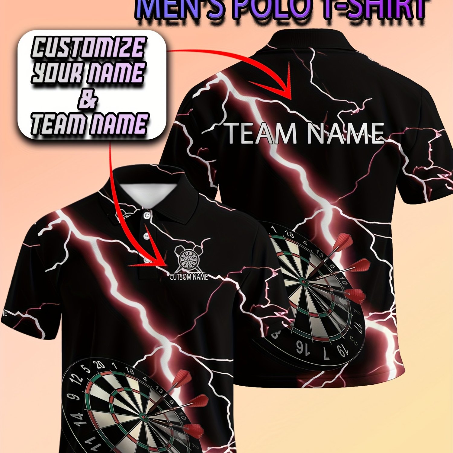 TEMU Customizable Men's T-shirt With Dartboard & Lightning Bolt Design - Personalize Your Name & Team Logo, Breathable Polyester, Casual Short Sleeve