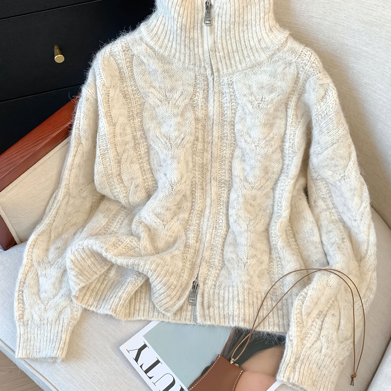 E-shop Vintage Strickcardigan mit Stehkragen, Zopfmuster doppelseitigem Reißverschluss, lässiger Stil mit einzigartigem Design, kurze Cardigan-Jacke,
