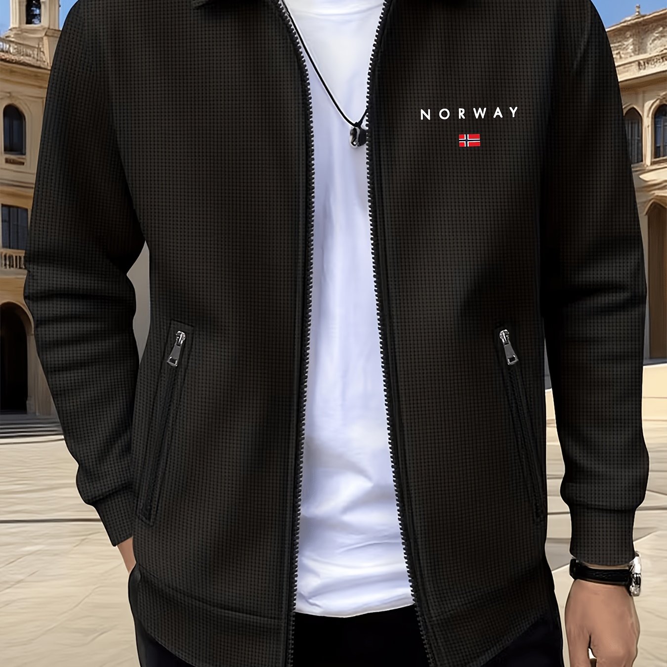 TEMU Obm Spring/autumn ' Color Lapel Waffle Knit Outdoor Sports Comfortable Breathable Men's Long Sleeve Zipper Jacket, Smart Casual Layering