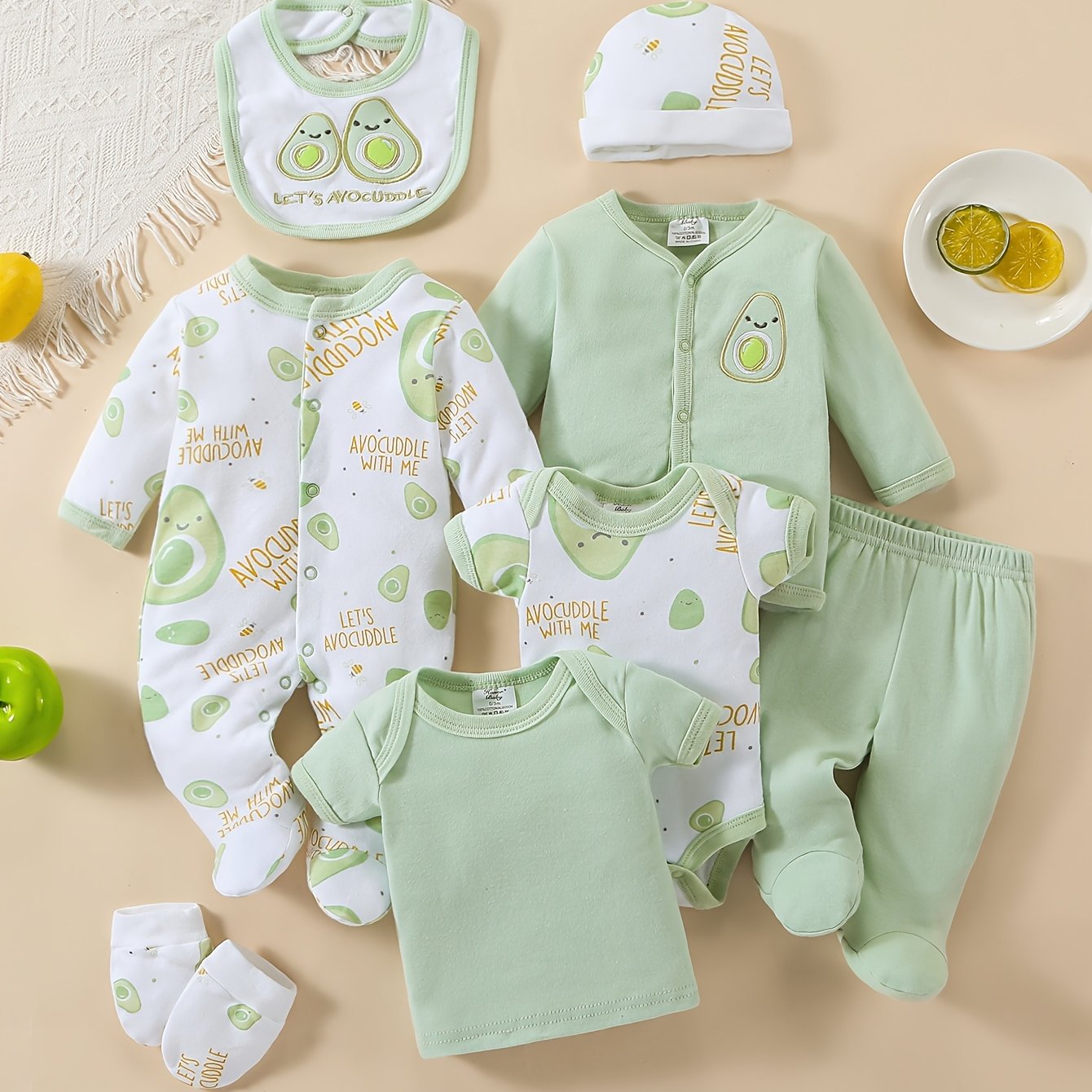 TEMU [ 8pcs Set ] Spring And And Cartoon Print Long Crawler, Hat, Bib, Socks, Pants,, Top And 8pcs Set For Boys And Girls, Perfect For Outdoor