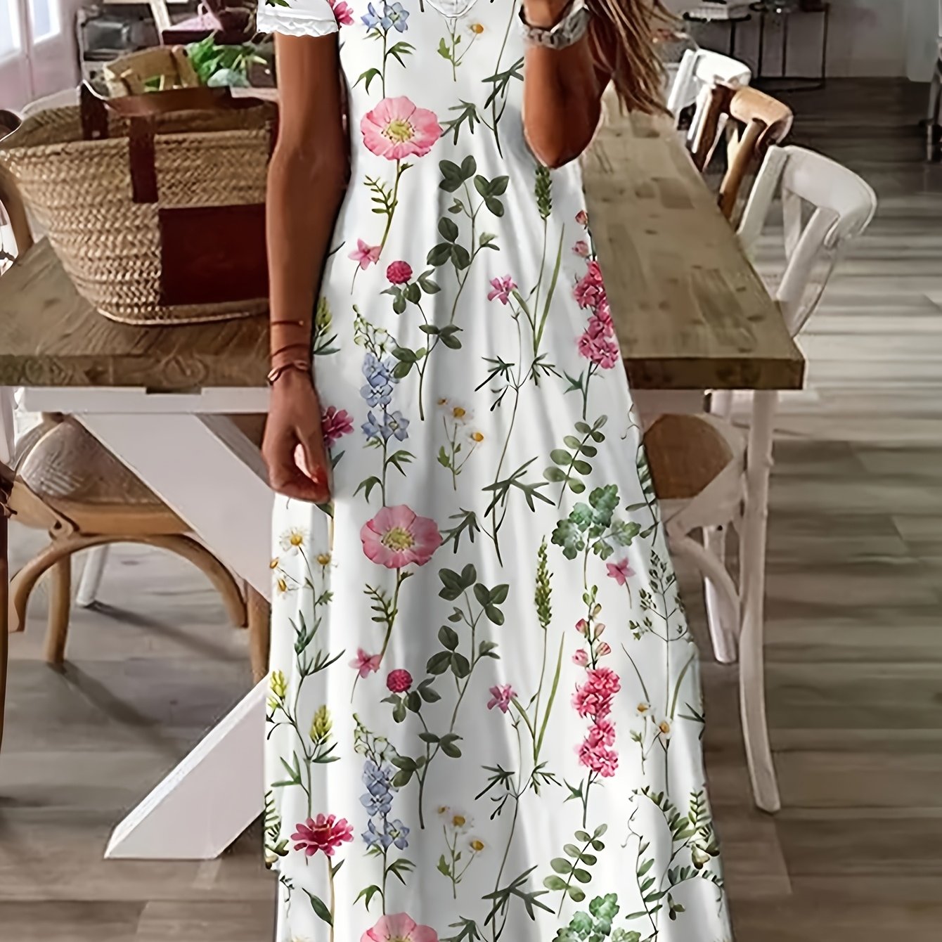 Image of Women's Spring Summer Casual V-neck Floral Print A-line Dress With Lace Trim - Machine Washable Lightweight Breathable For Vacation, & Beach , Cute Summer Dresses