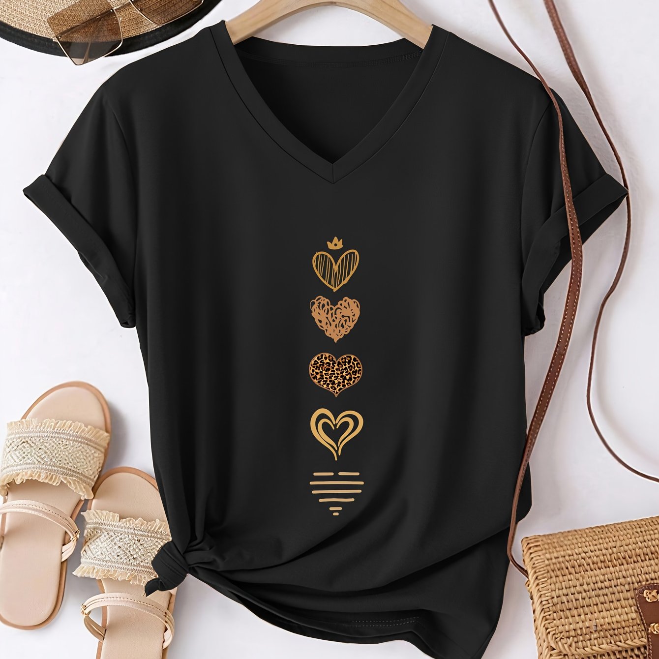 TEMU Women's V-neck Short Sleeve T-shirt With Heart Print - Casual Summer Blouse, -line Regular Fit Spring/summer Everyday Top, Machine Washable Non-