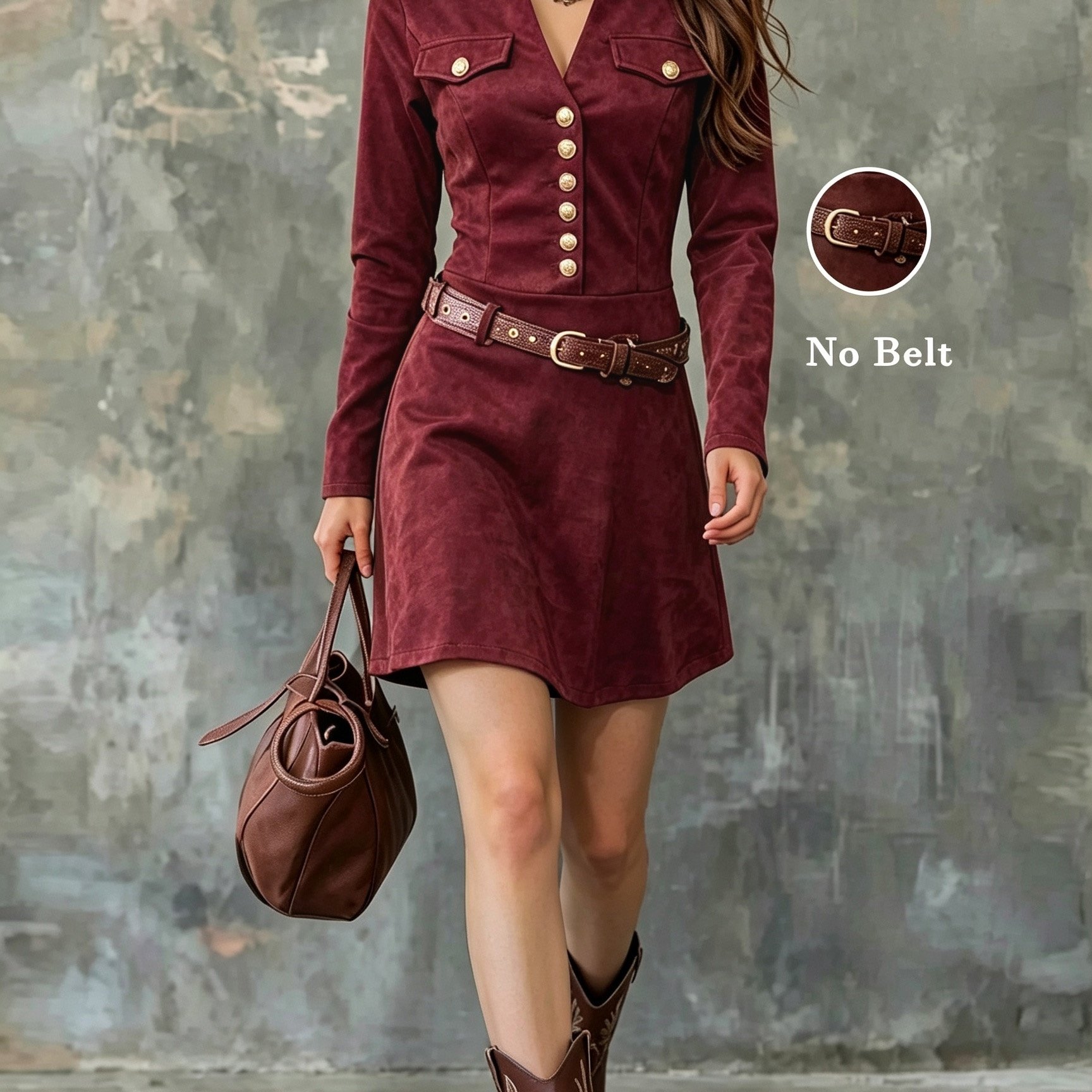 TEMU Robe à manches longues pour femme avec et détails de boutons dorés, mini-robe trapèze style western vintage à boutons, adaptée aux sorties