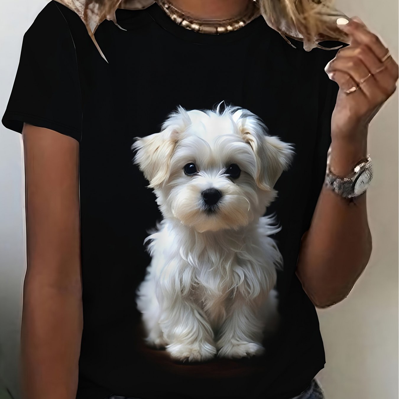 TEMU Maltese Puppy Print Short Sleeve Round Neck Casual Top With Maltese Dog Spring Summer Blouse Suitable For Casual Attire Machine Washable Short