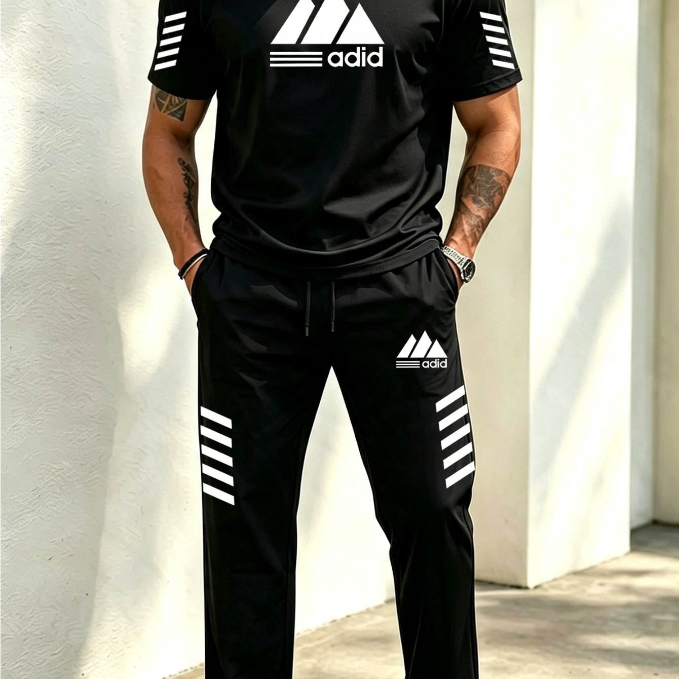 TEMU Men's 2pcs Athletic Outfit Set, Striped Short Sleeve T-shirt And Striped Straight Drawstring Athletic Pants, Mountain Pattern Print Breathable